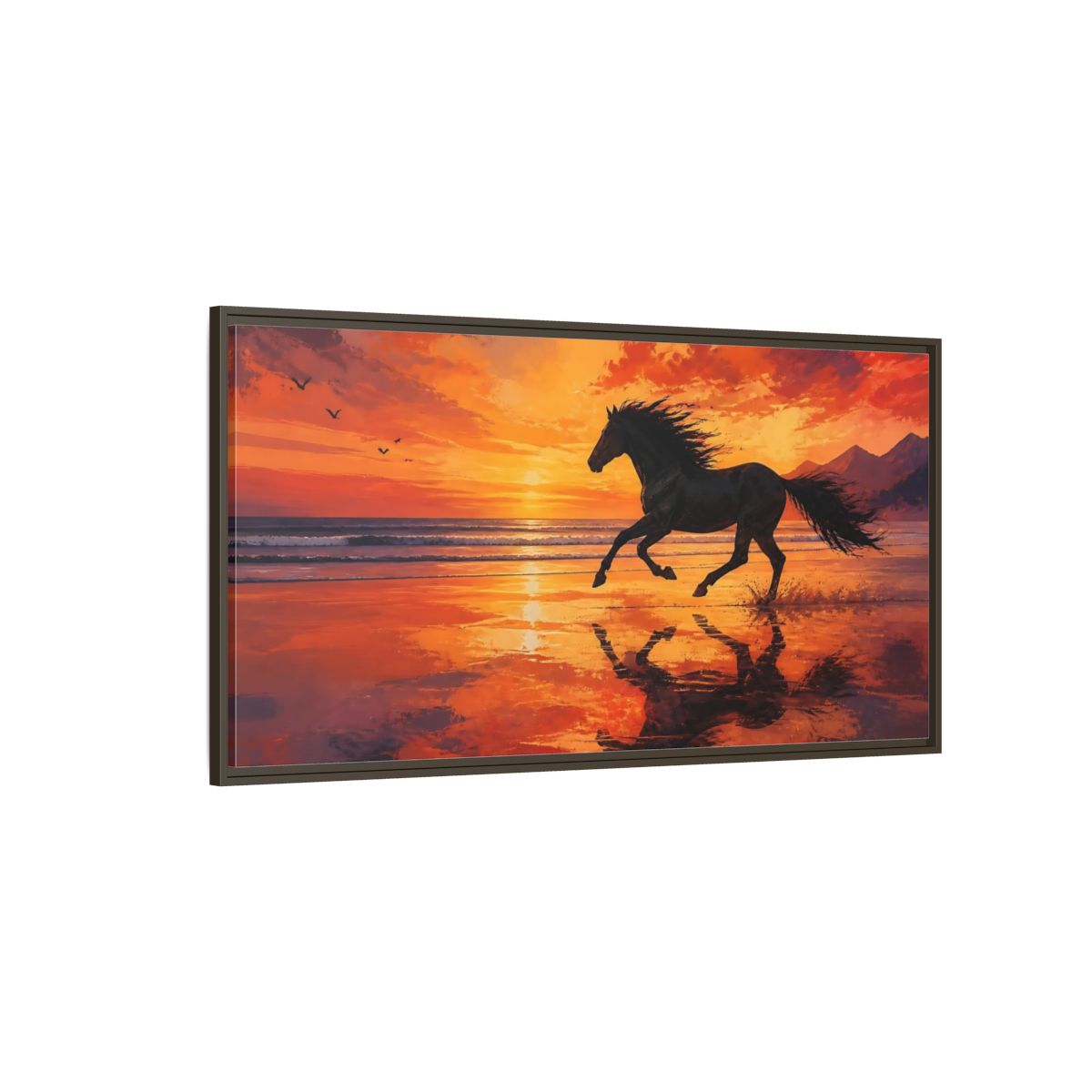 Side Mockup 4. Nature Running Horse Orange Black Horse shown as stretched canvas wall art