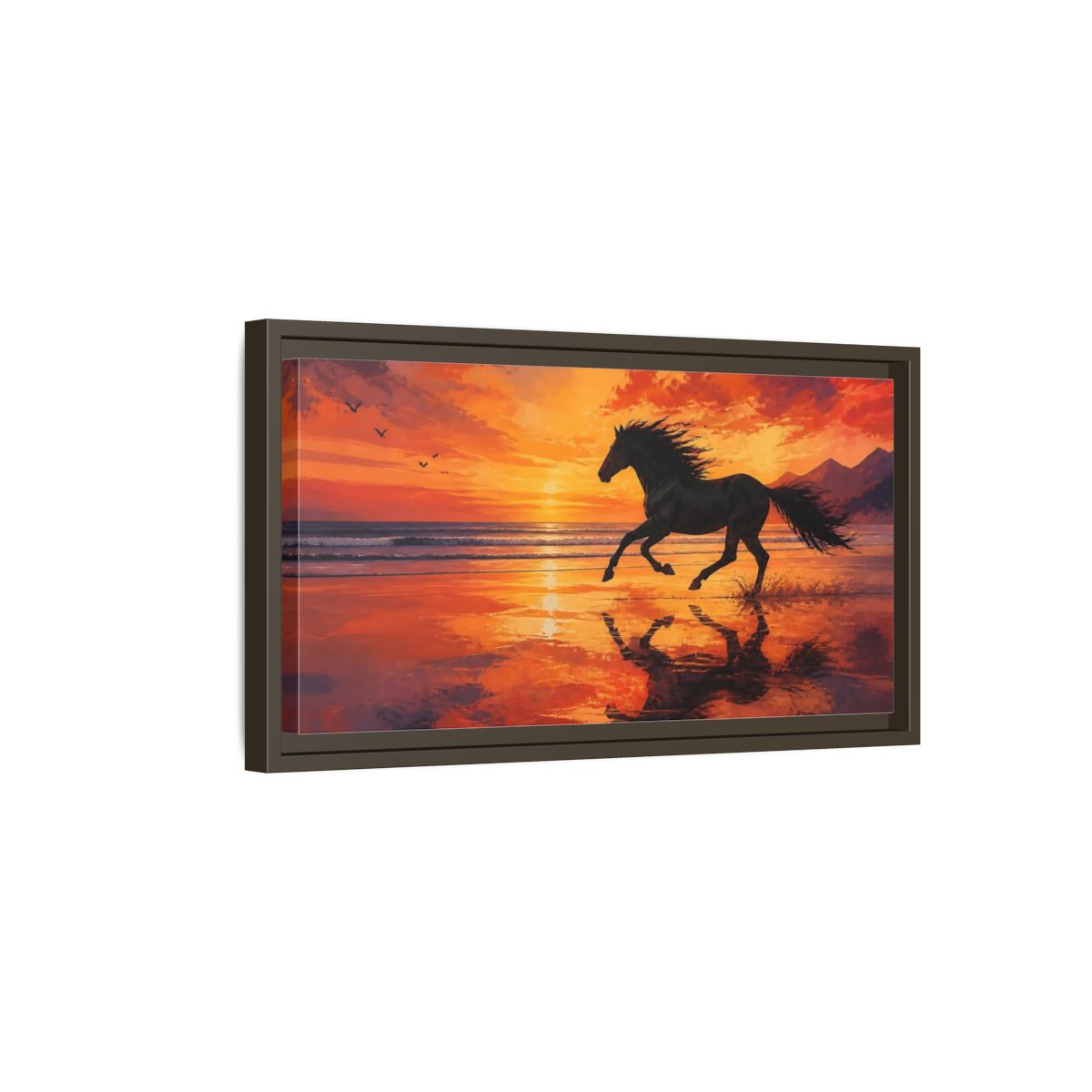 Side Mockup 7. Nature Running Horse Orange Black Horse shown as stretched canvas wall art