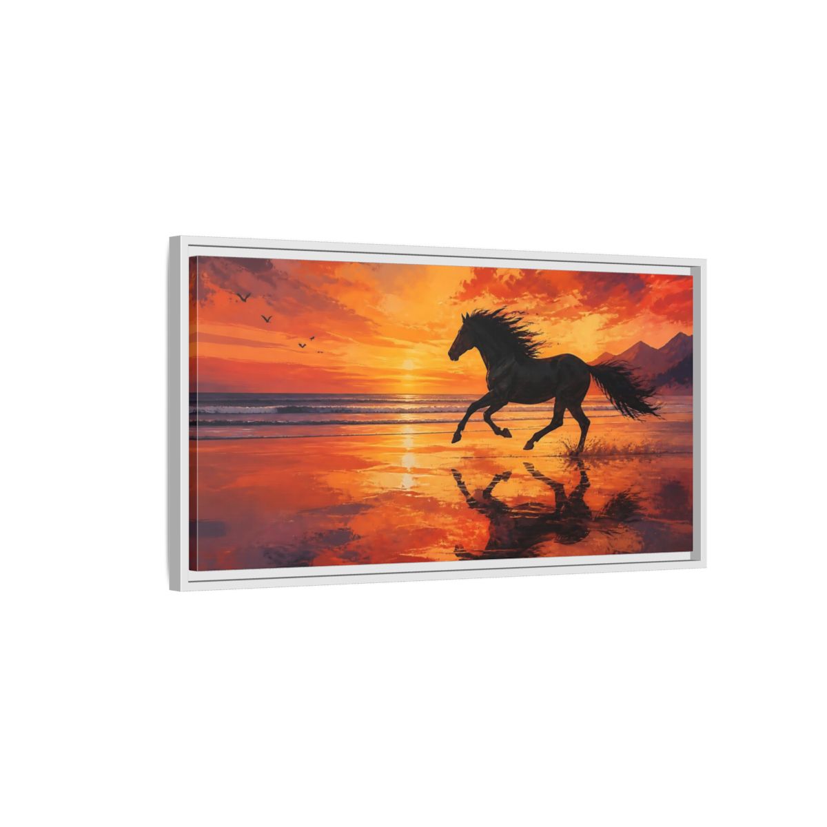 Side Mockup 1. Nature Running Horse Orange Black Horse shown as stretched canvas wall art