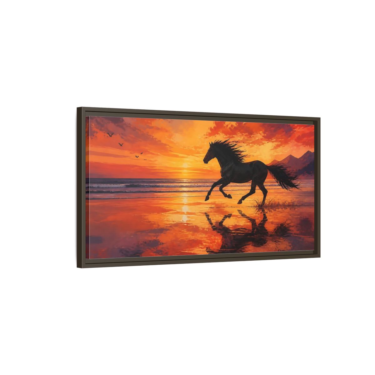Main Mockup. Nature Running Horse Orange Black Horse shown as stretched canvas wall art