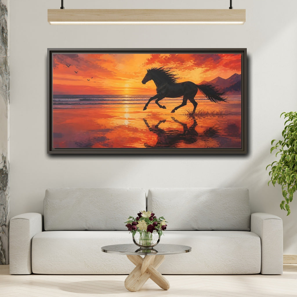 Mockup 2. Nature Running Horse Orange Black Horse shown as stretched canvas wall art