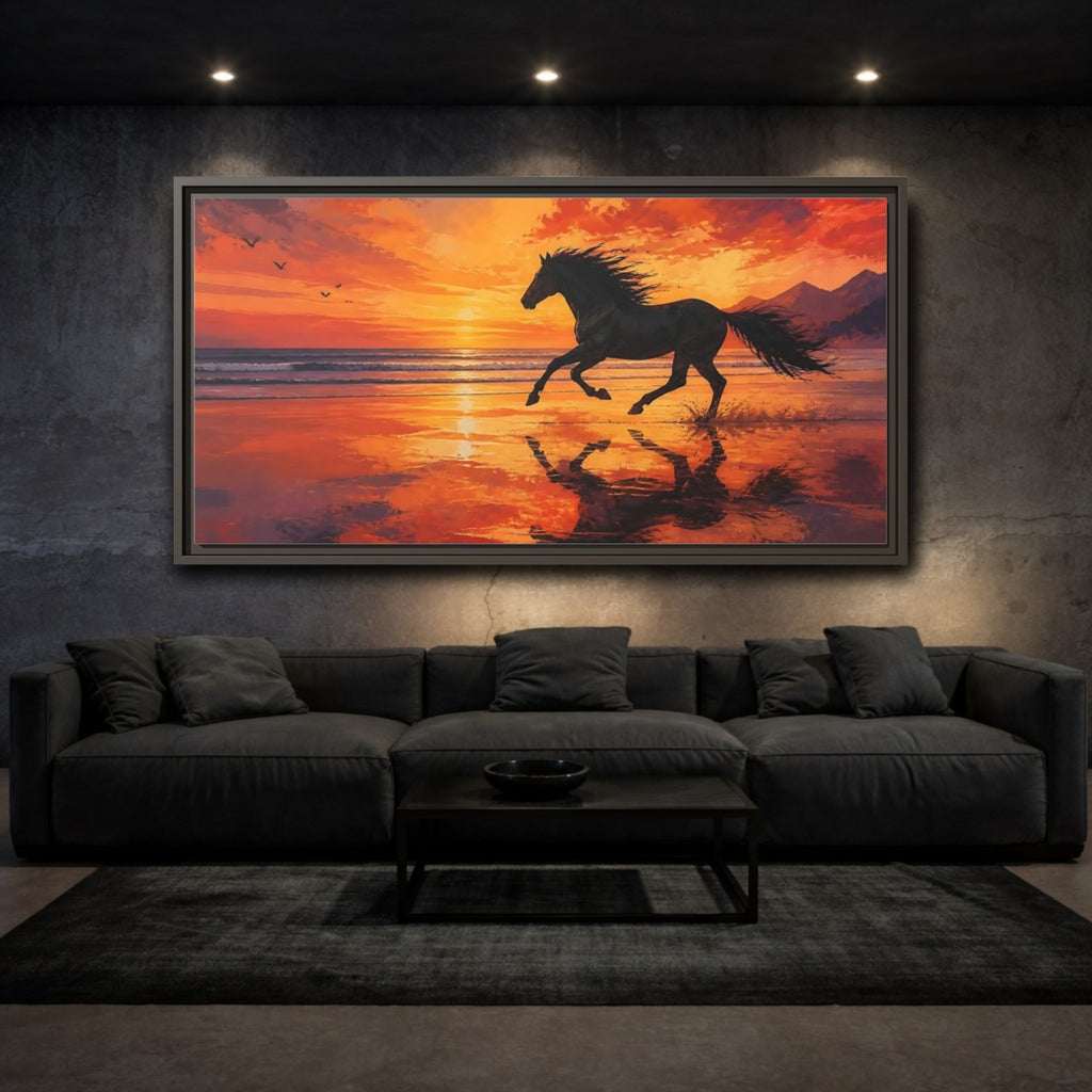 Mockup 3. Nature Running Horse Orange Black Horse shown as stretched canvas wall art