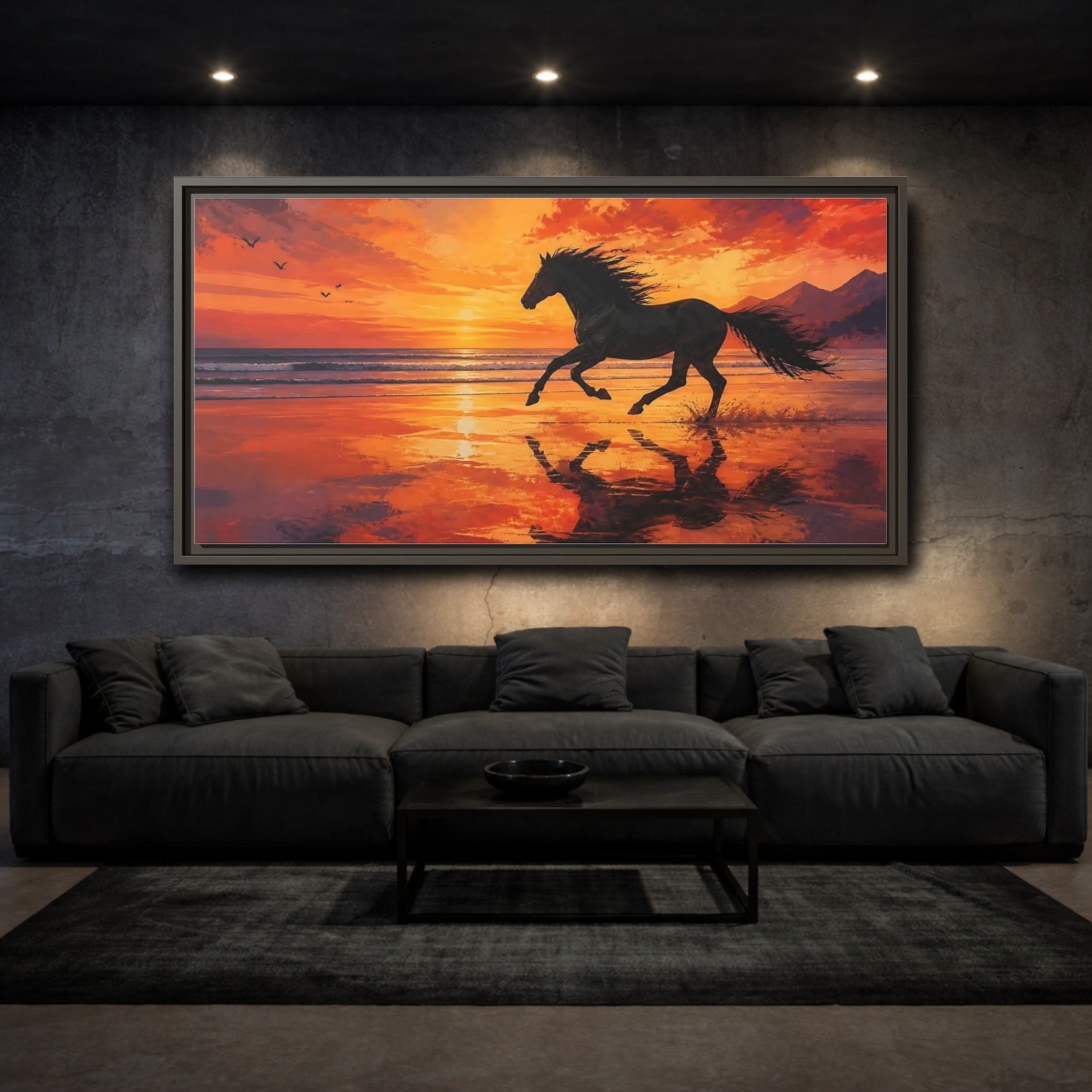 Mockup 3. Nature Running Horse Orange Black Horse shown as stretched canvas wall art