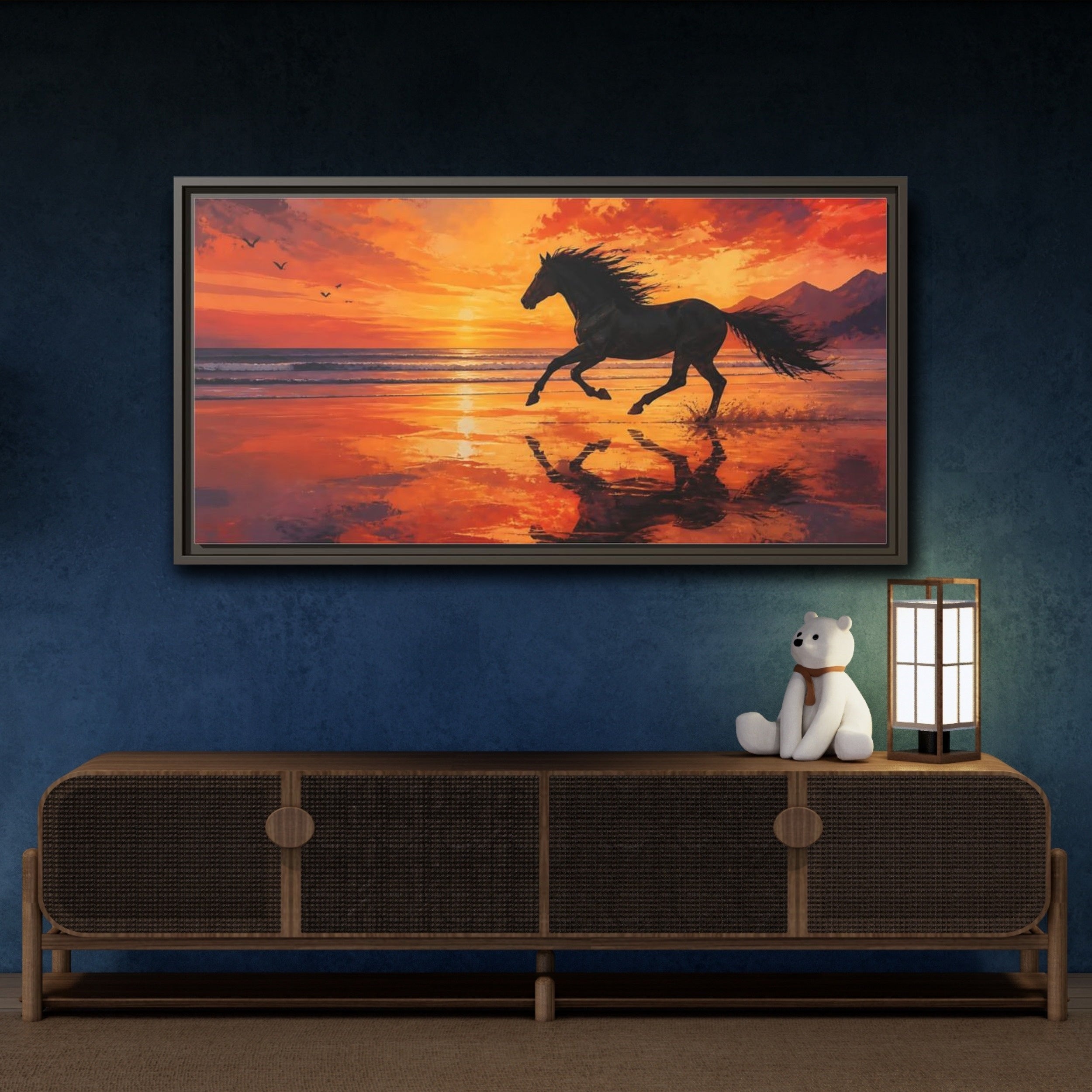 Mockup 4. Nature Running Horse Orange Black Horse shown as stretched canvas wall art