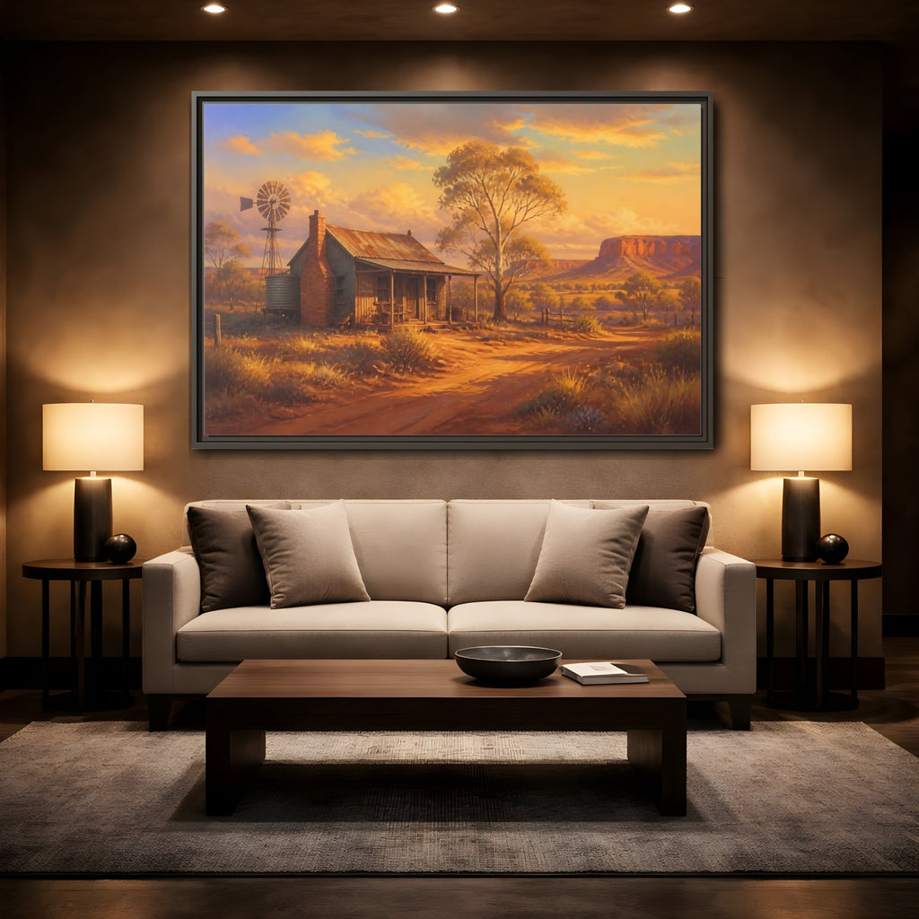 Mockup 2. Nature Rural Landscape Orange And Gold shown as stretched canvas wall art