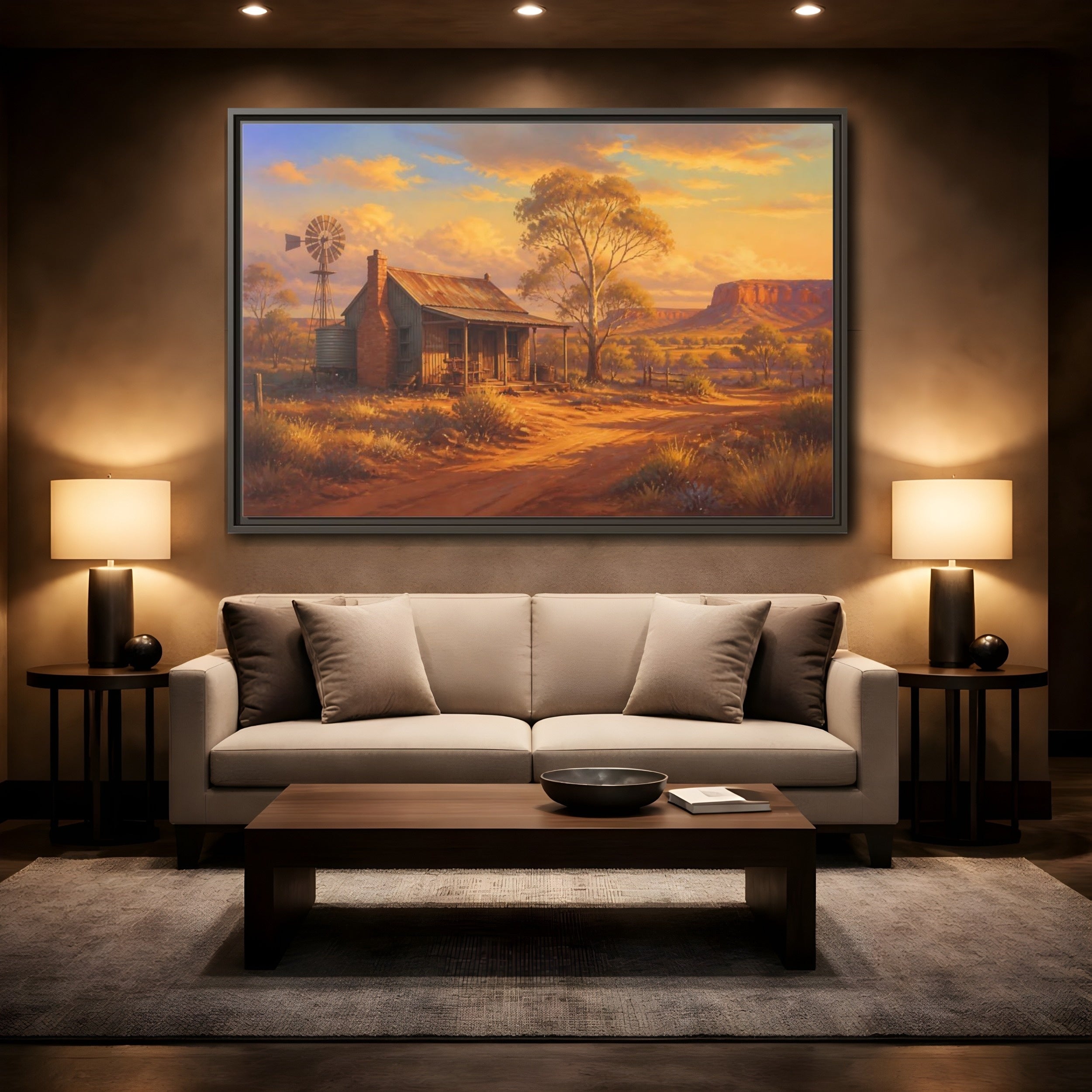 Mockup 2. Nature Rural Landscape Orange And Gold shown as stretched canvas wall art