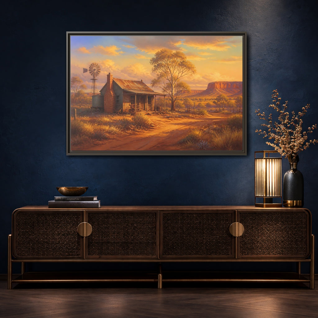Mockup 4. Nature Rural Landscape Orange And Gold shown as stretched canvas wall art
