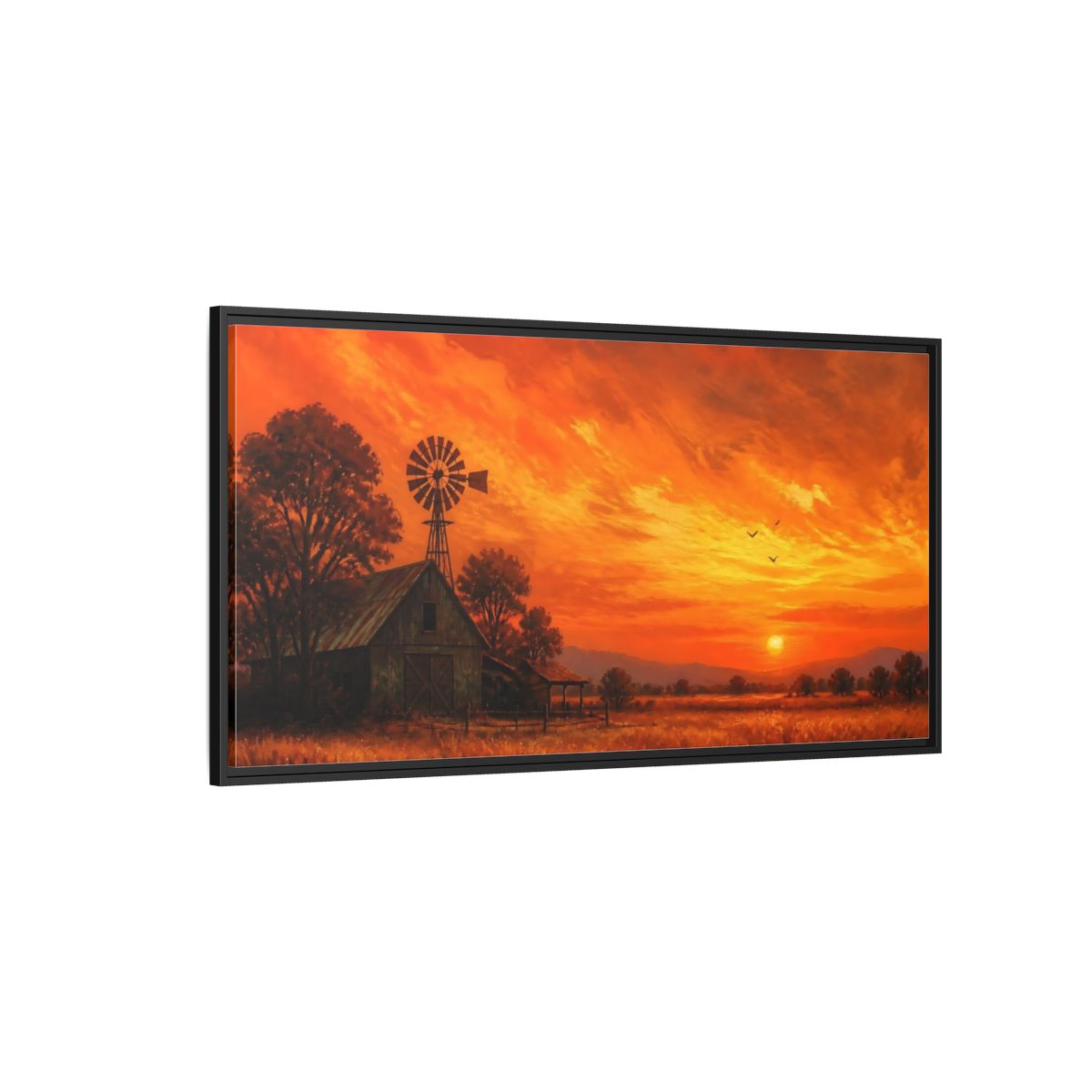 Side Mockup 5. Nature Rural Sunset Orange Sunset Farm shown as stretched canvas wall art