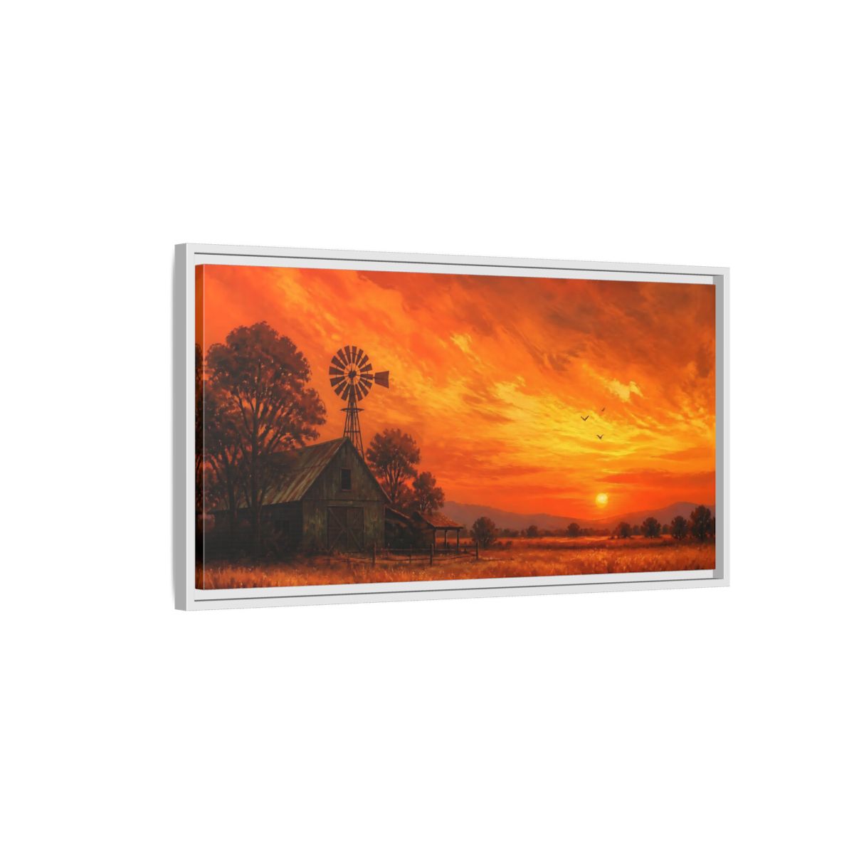 Side Mockup 1. Nature Rural Sunset Orange Sunset Farm shown as stretched canvas wall art