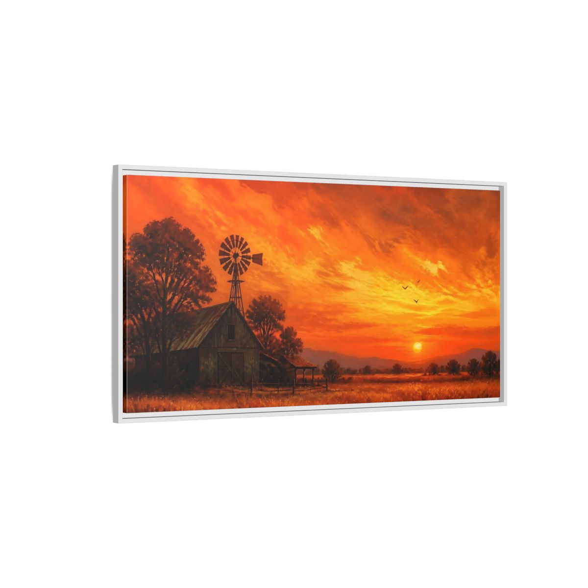 Side Mockup 3. Nature Rural Sunset Orange Sunset Farm shown as stretched canvas wall art