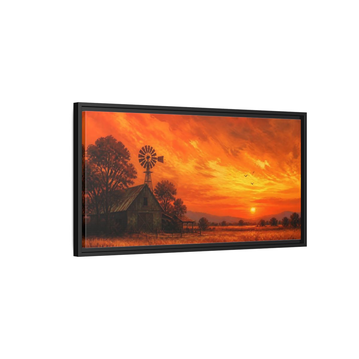 Side Mockup 2. Nature Rural Sunset Orange Sunset Farm shown as stretched canvas wall art