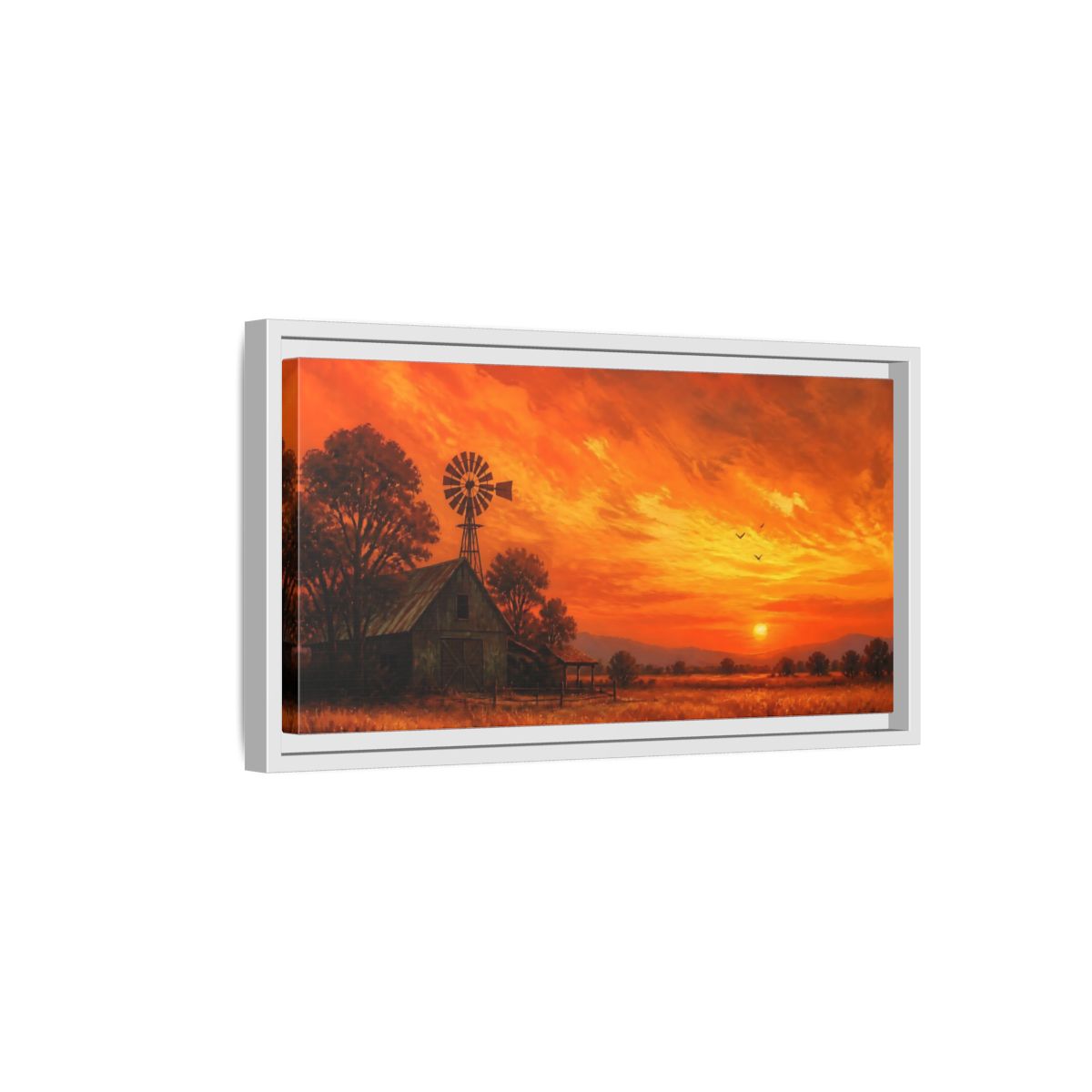 Side Mockup 6. Nature Rural Sunset Orange Sunset Farm shown as stretched canvas wall art