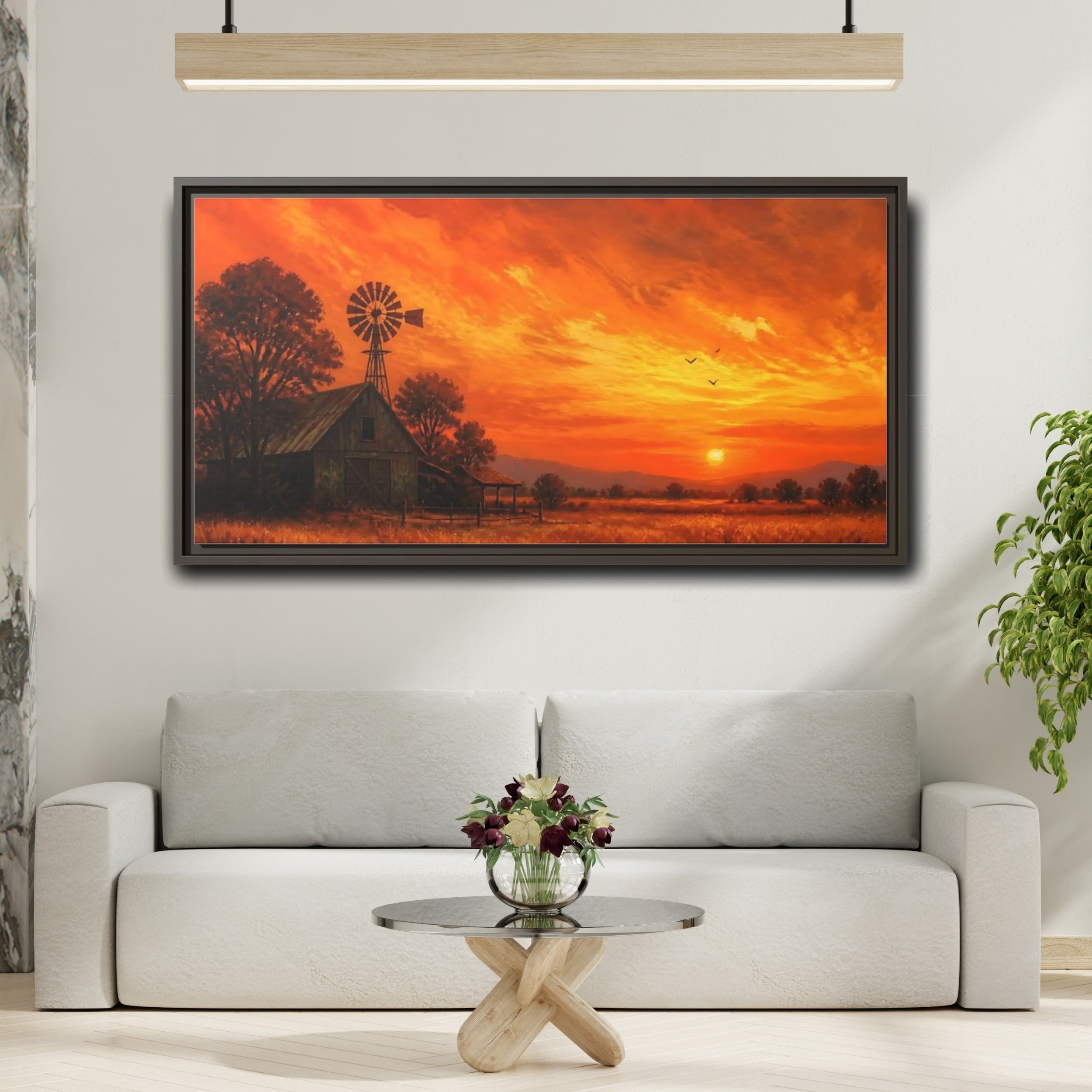 Mockup 2. Nature Rural Sunset Orange Sunset Farm shown as stretched canvas wall art