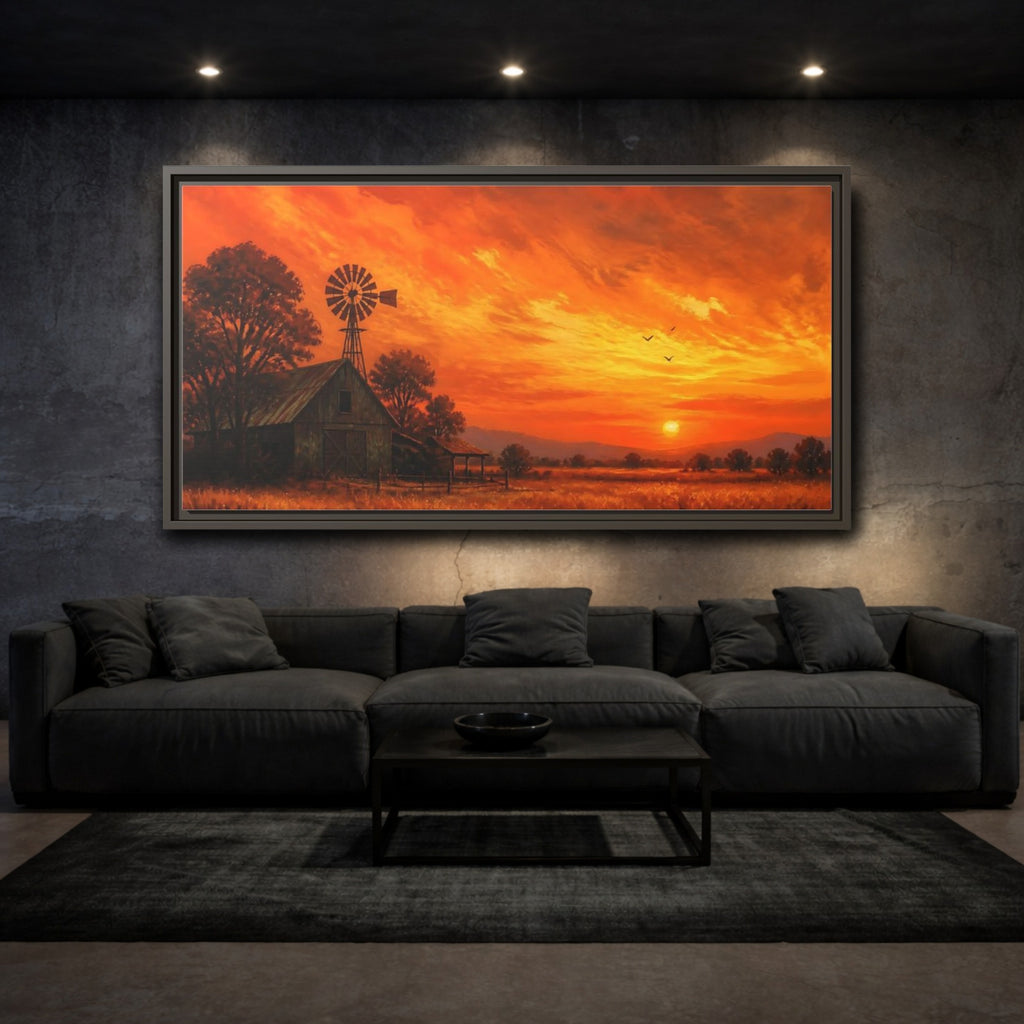 Mockup 3. Nature Rural Sunset Orange Sunset Farm shown as stretched canvas wall art