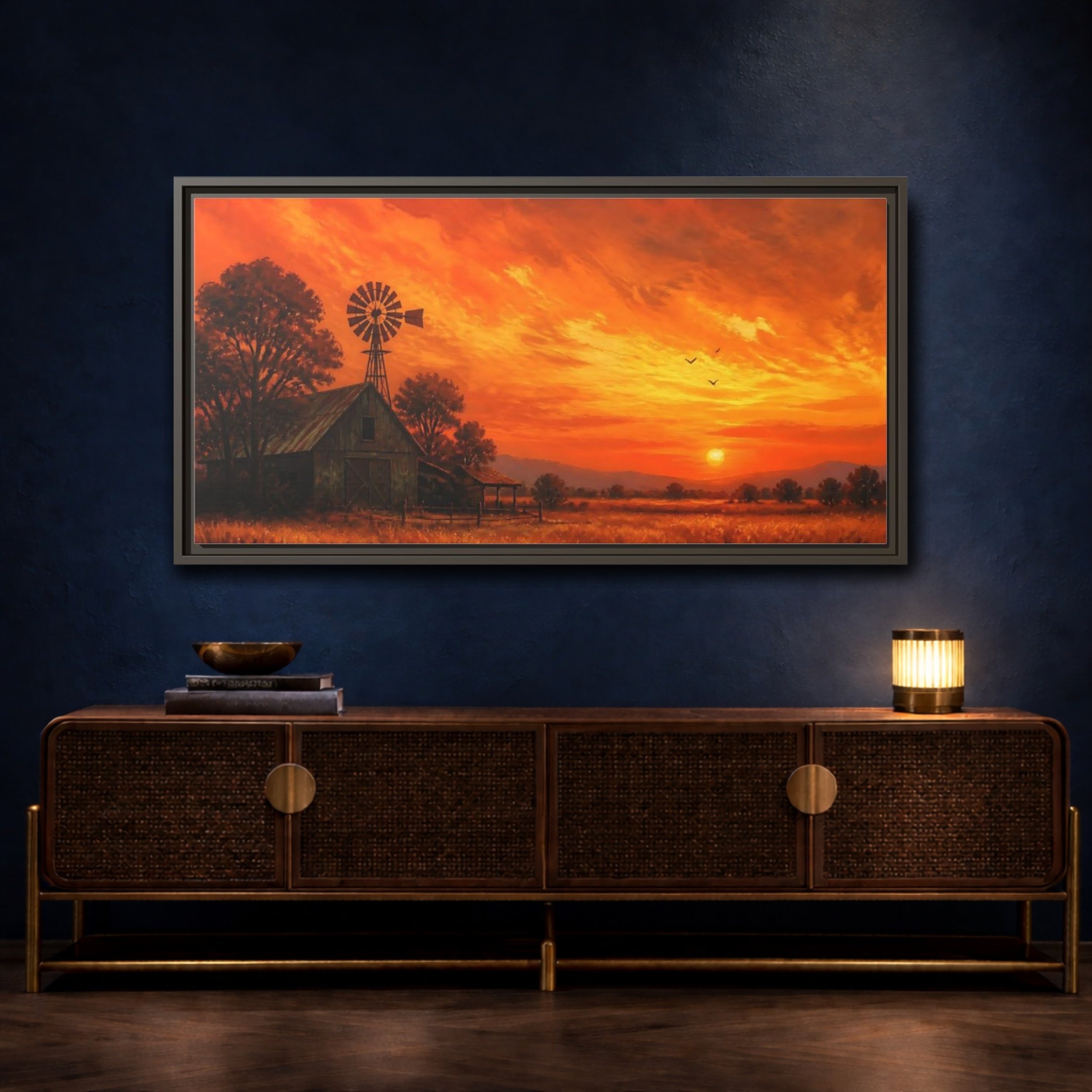 Mockup 4. Nature Rural Sunset Orange Sunset Farm shown as stretched canvas wall art