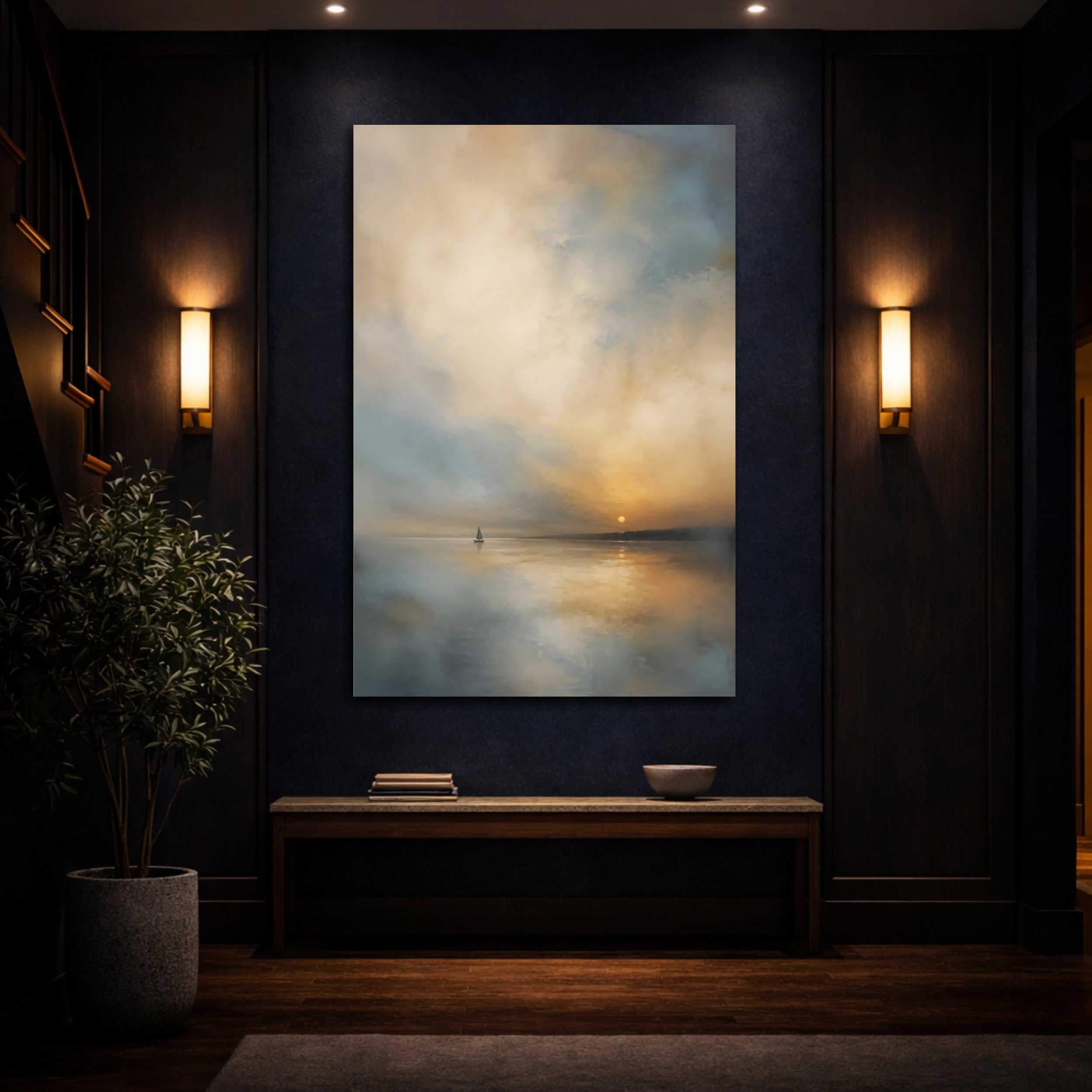 Mockup 4. Nature Sailboat Sunset Sailboat shown as stretched canvas wall art