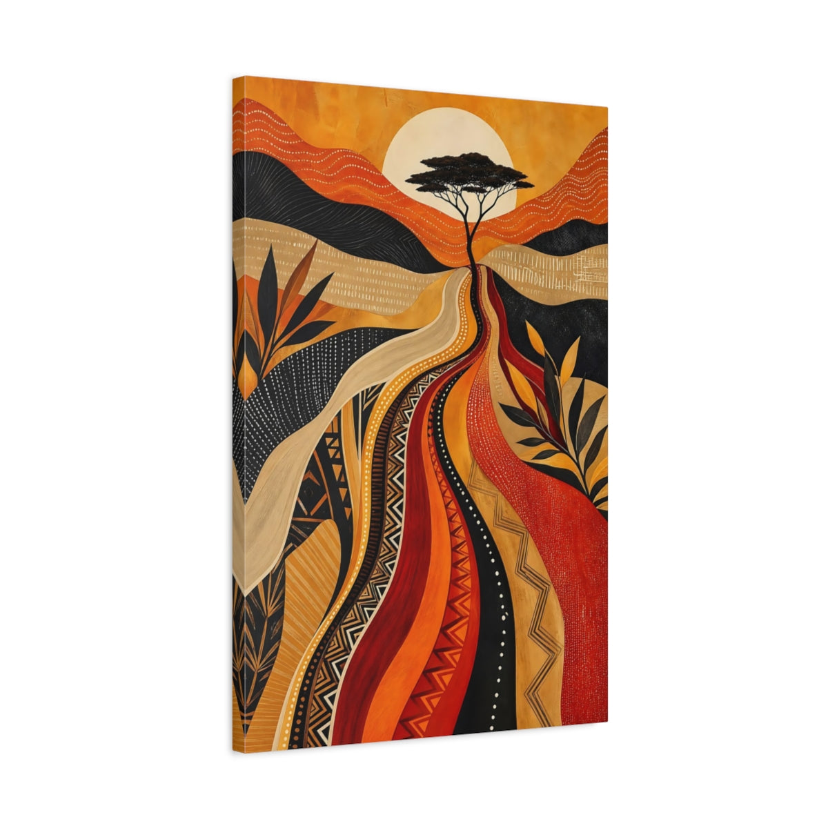 Side Mockup 2. Nature Savanna Tree Orange And Black shown as stretched canvas wall art