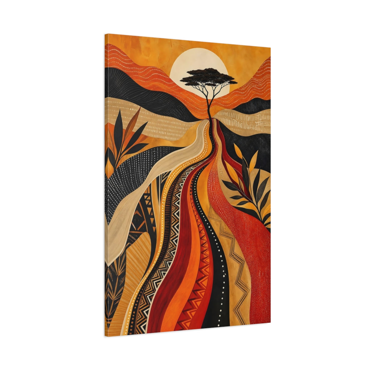 Side Mockup 1. Nature Savanna Tree Orange And Black shown as stretched canvas wall art