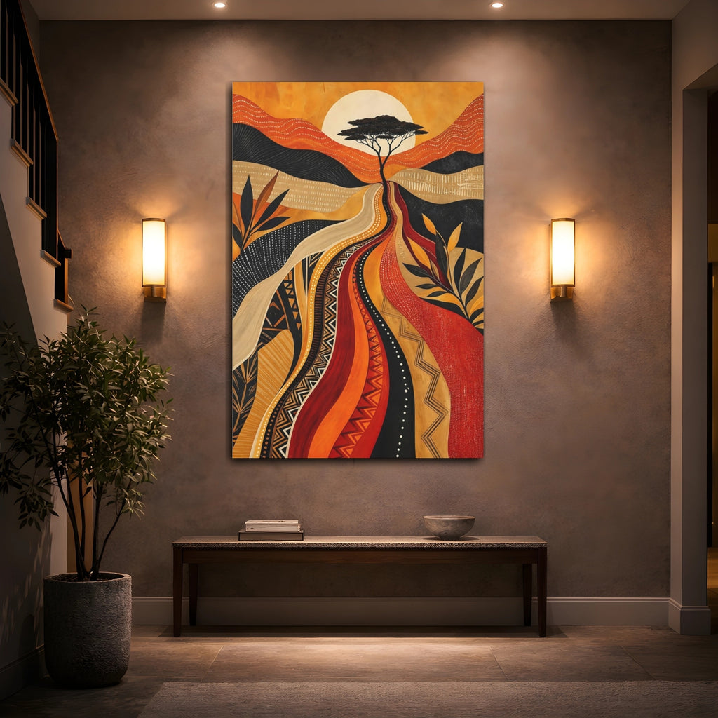 Mockup 2. Nature Savanna Tree Orange And Black shown as stretched canvas wall art
