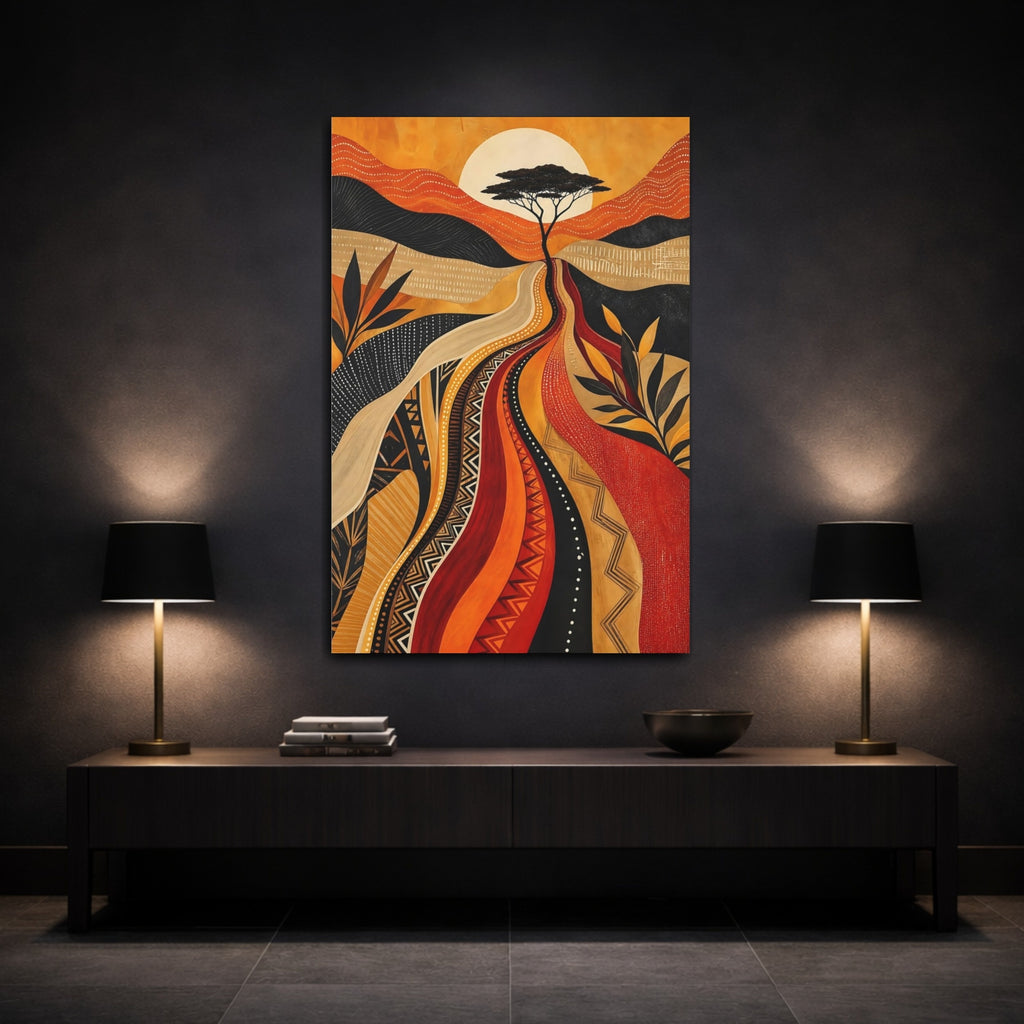Mockup 3. Nature Savanna Tree Orange And Black shown as stretched canvas wall art