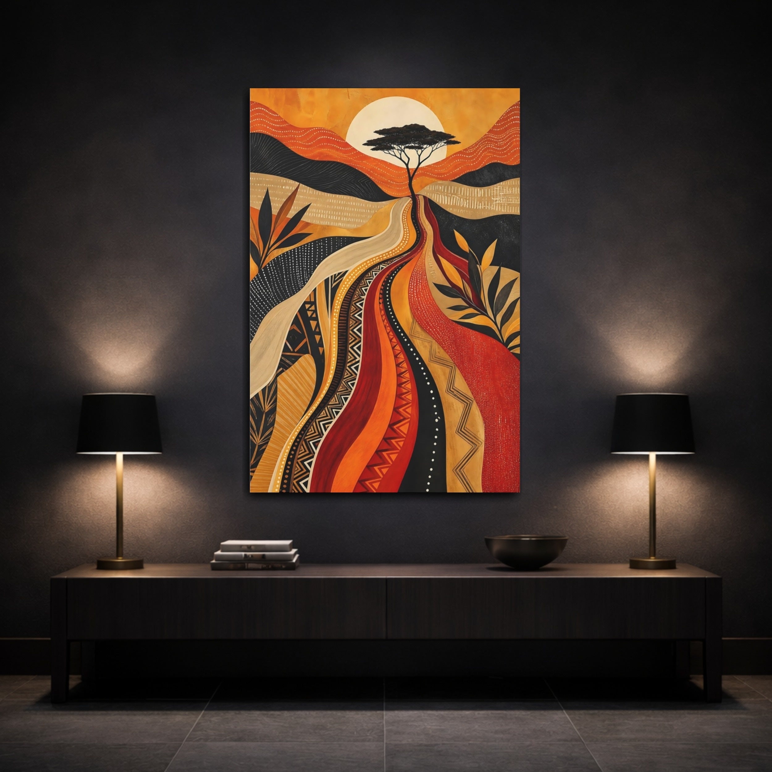 Mockup 3. Nature Savanna Tree Orange And Black shown as stretched canvas wall art