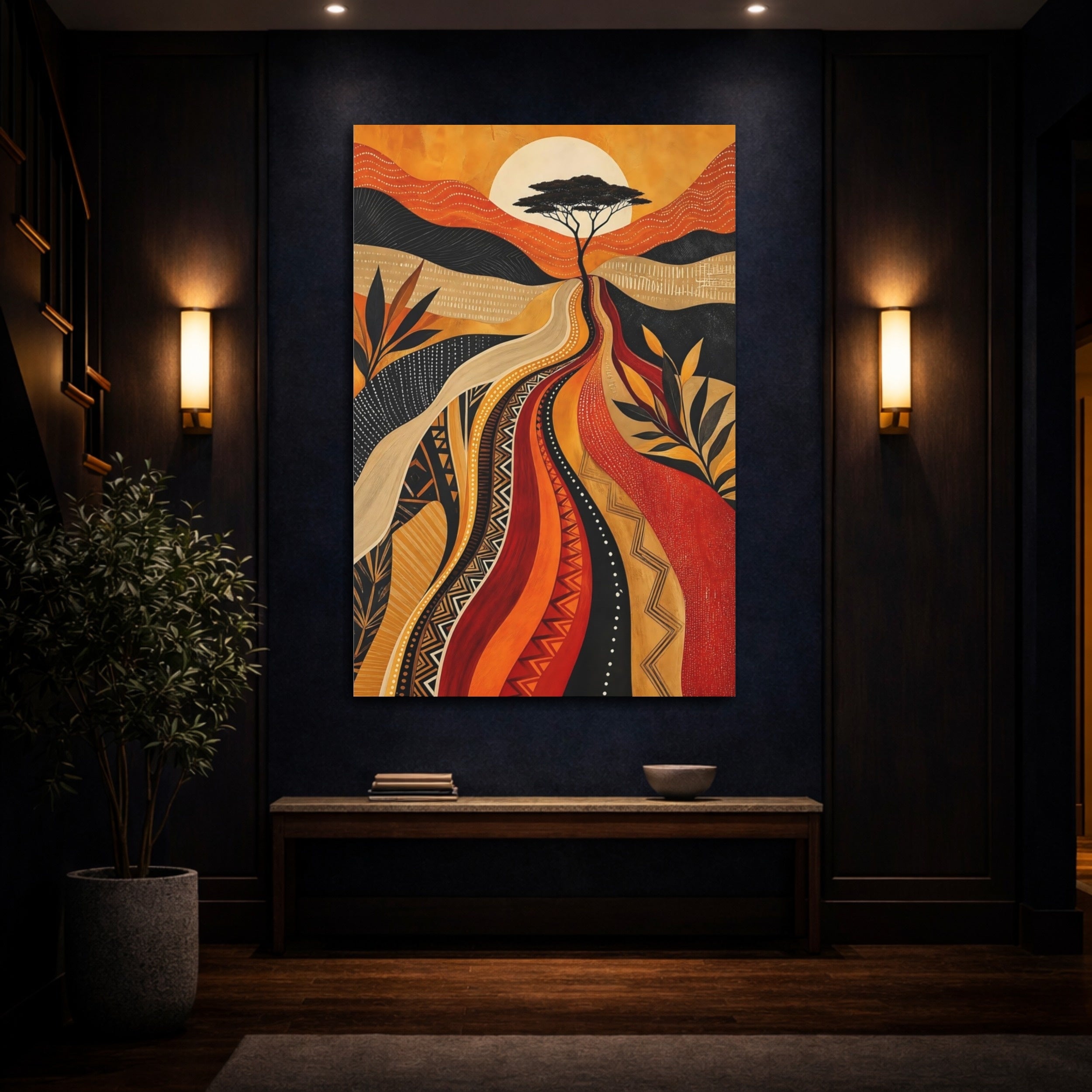 Mockup 4. Nature Savanna Tree Orange And Black shown as stretched canvas wall art