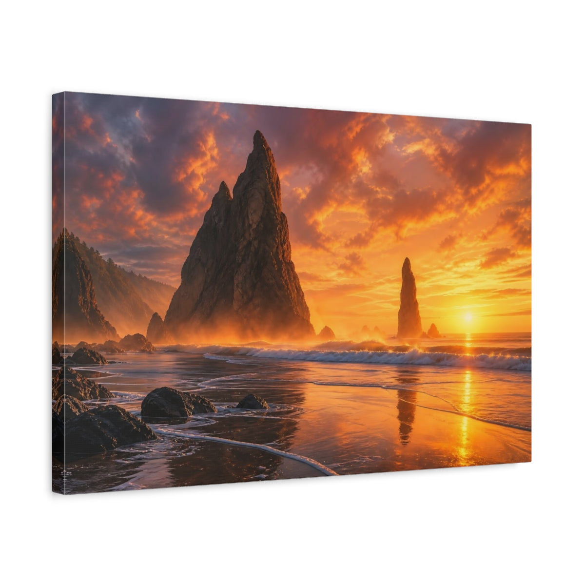 Side Mockup 3. Nature Sea Stacks Orange And Gold shown as stretched canvas wall art