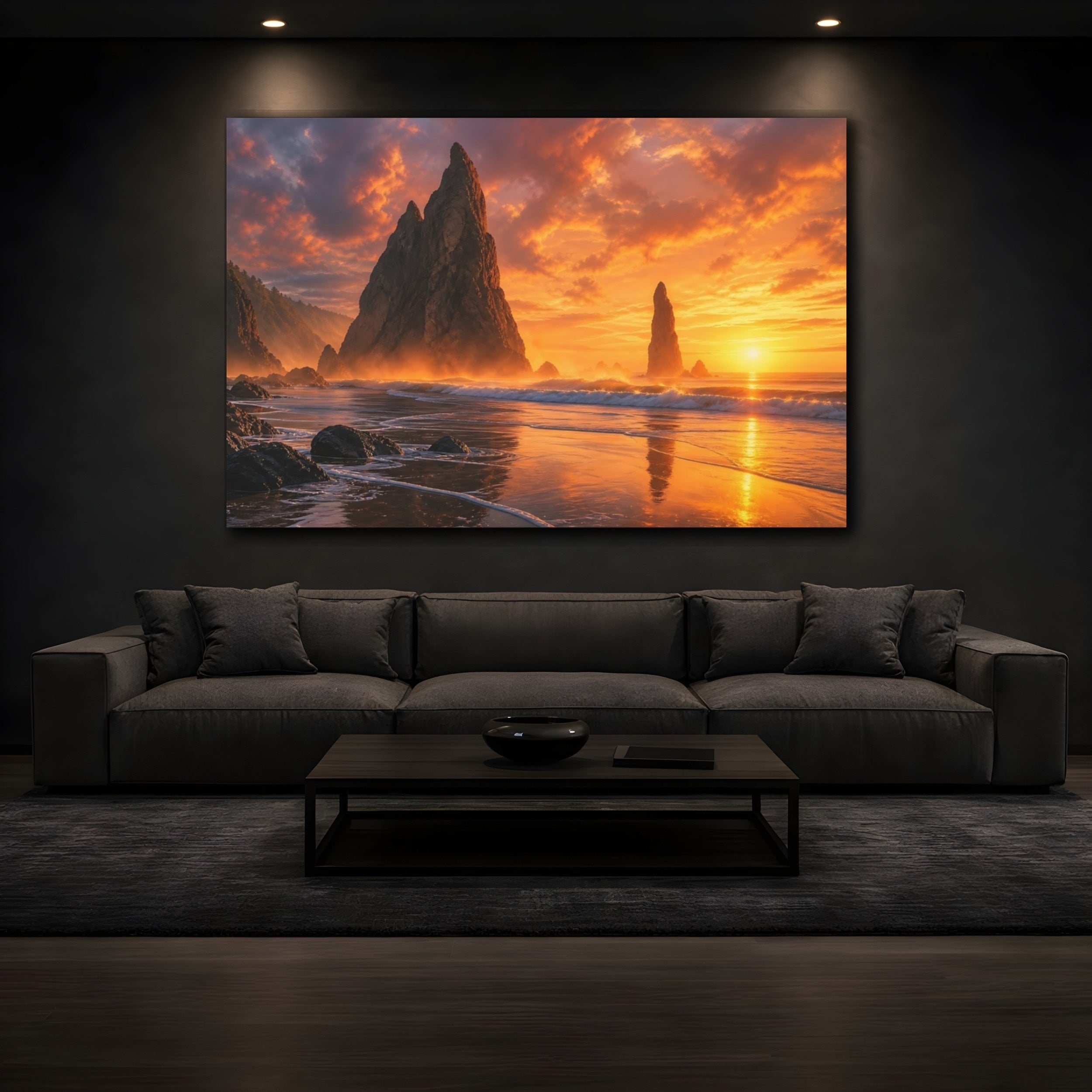 Mockup 3. Nature Sea Stacks Orange And Gold shown as stretched canvas wall art
