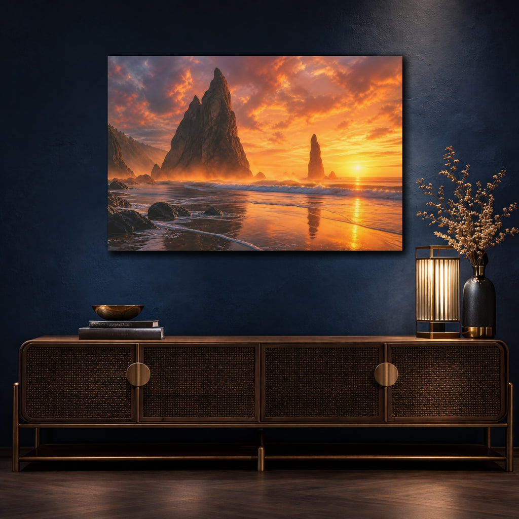 Mockup 4. Nature Sea Stacks Orange And Gold shown as stretched canvas wall art