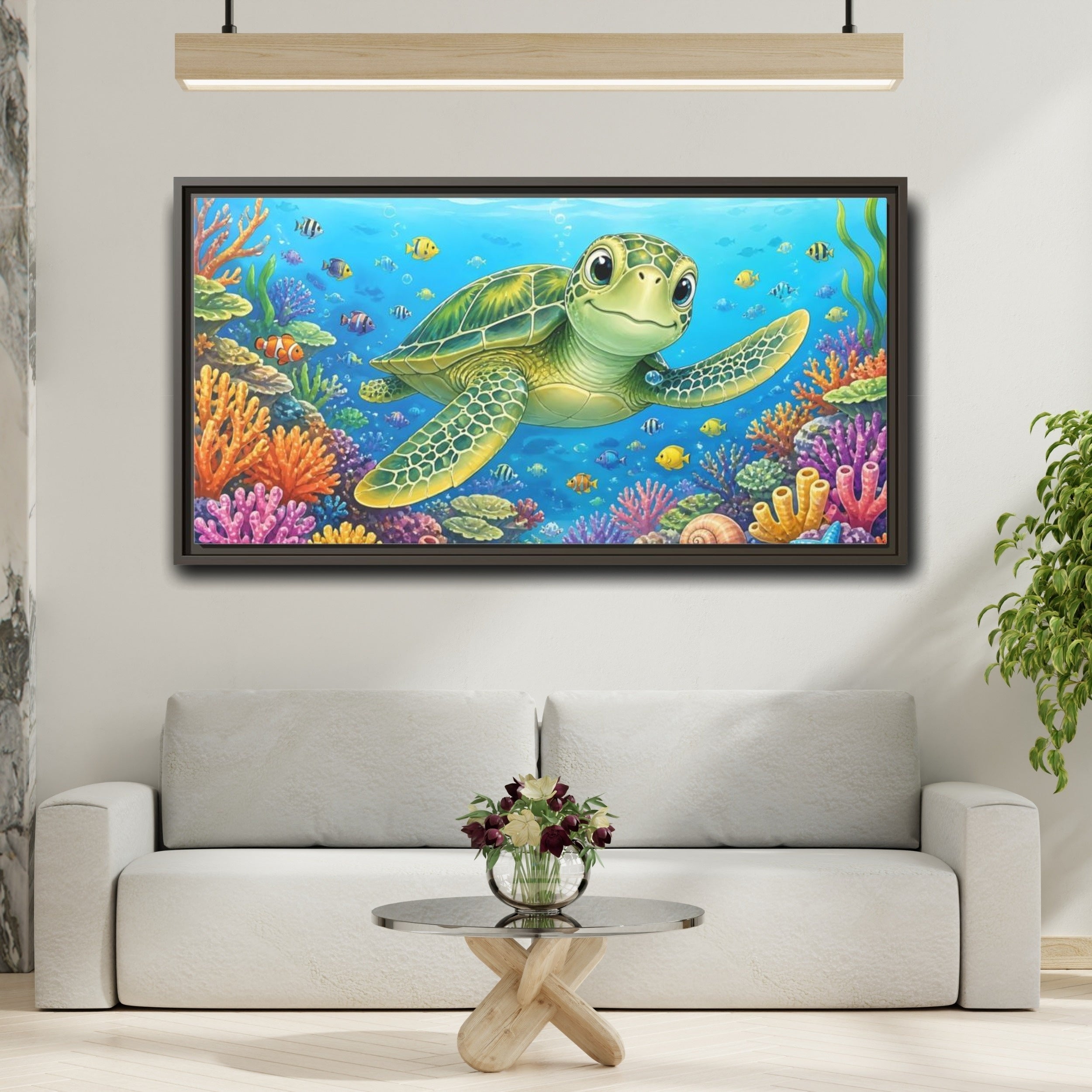 Mockup 2. Nature Sea Turtle Colorful Ocean shown as stretched canvas wall art