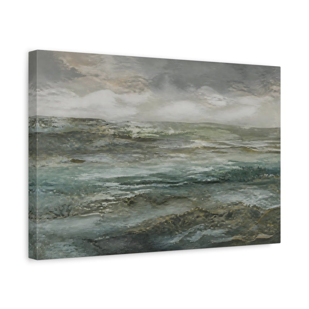 Side Mockup 4. Nature Seascape Grey And Teal shown as stretched canvas wall art