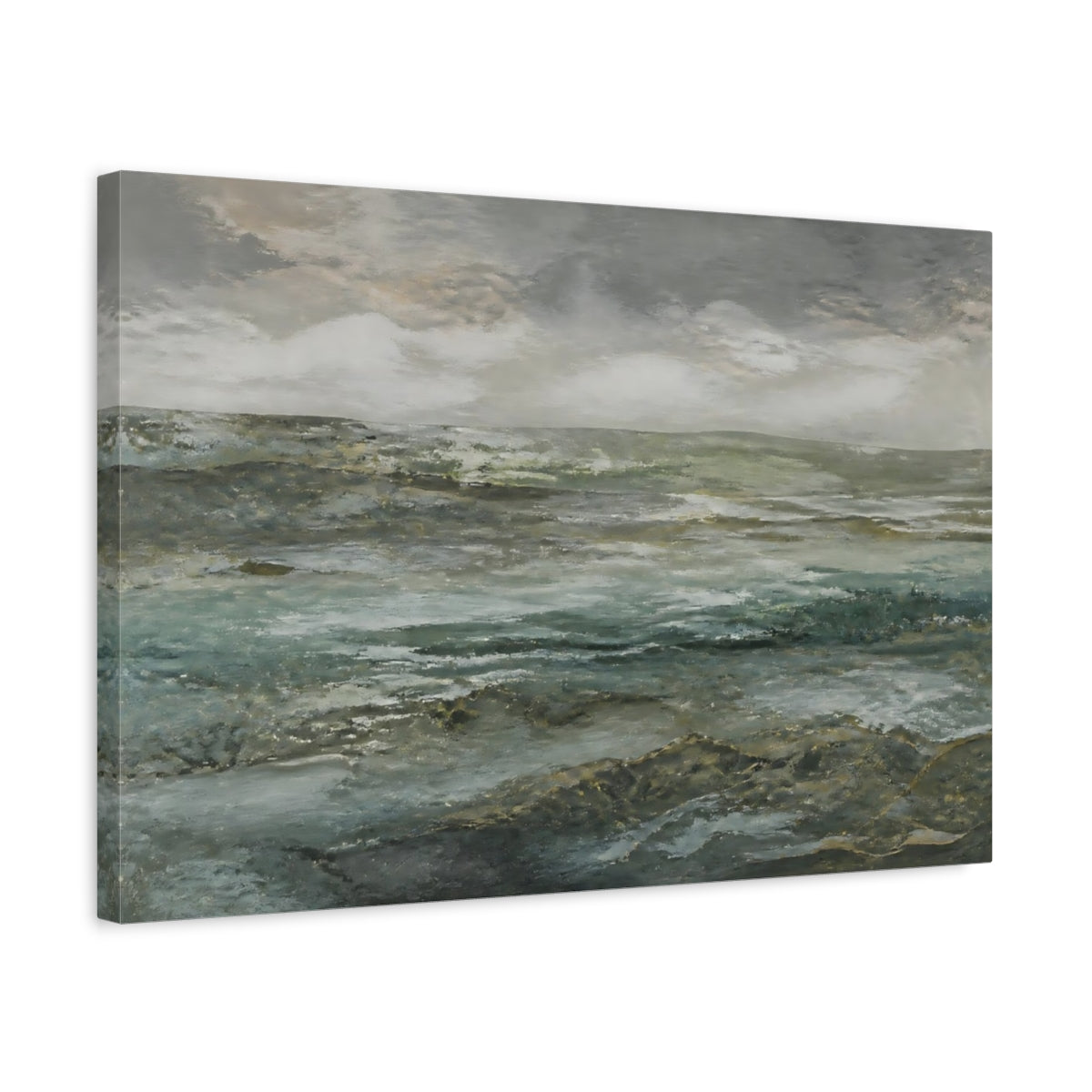 Side Mockup 3. Nature Seascape Grey And Teal shown as stretched canvas wall art