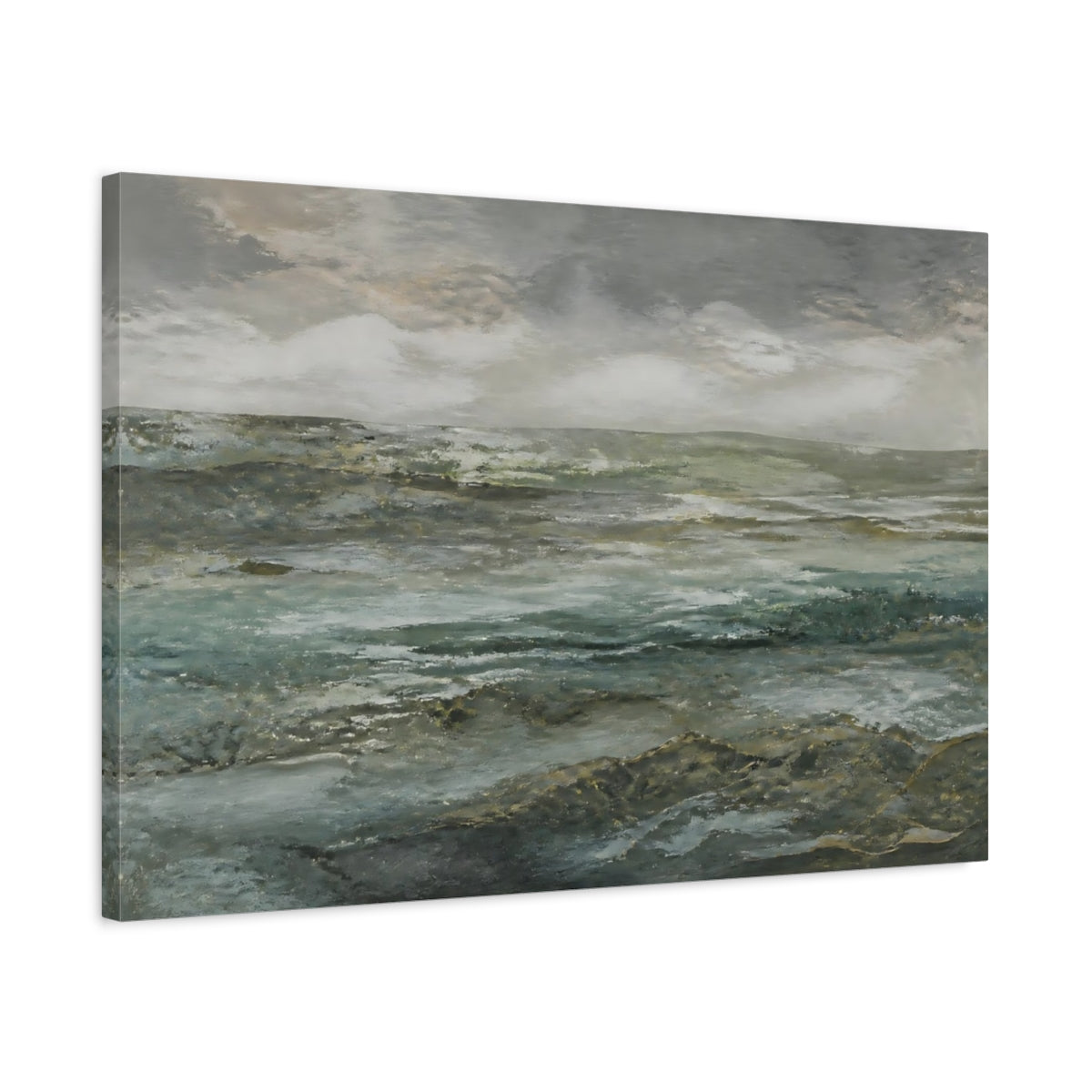 Side Mockup 2. Nature Seascape Grey And Teal shown as stretched canvas wall art