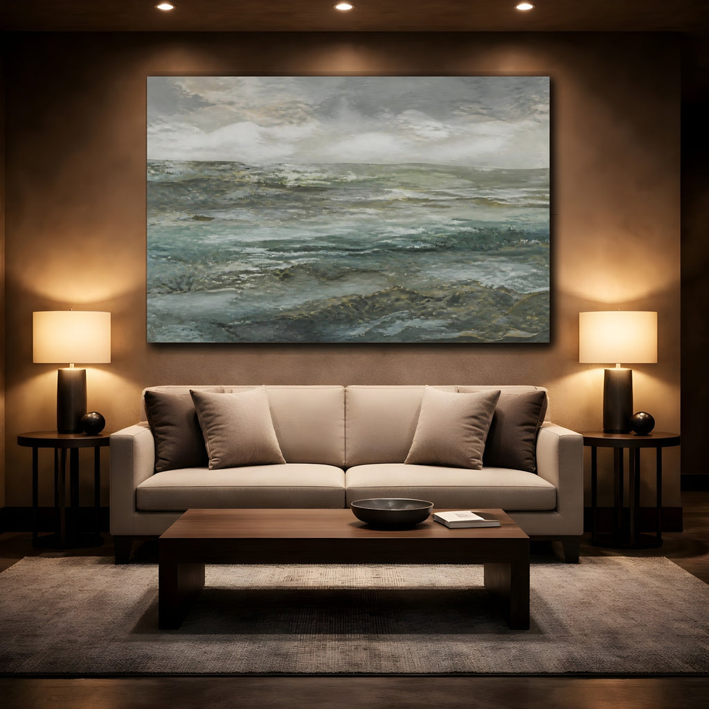 Mockup 2. Nature Seascape Grey And Teal shown as stretched canvas wall art