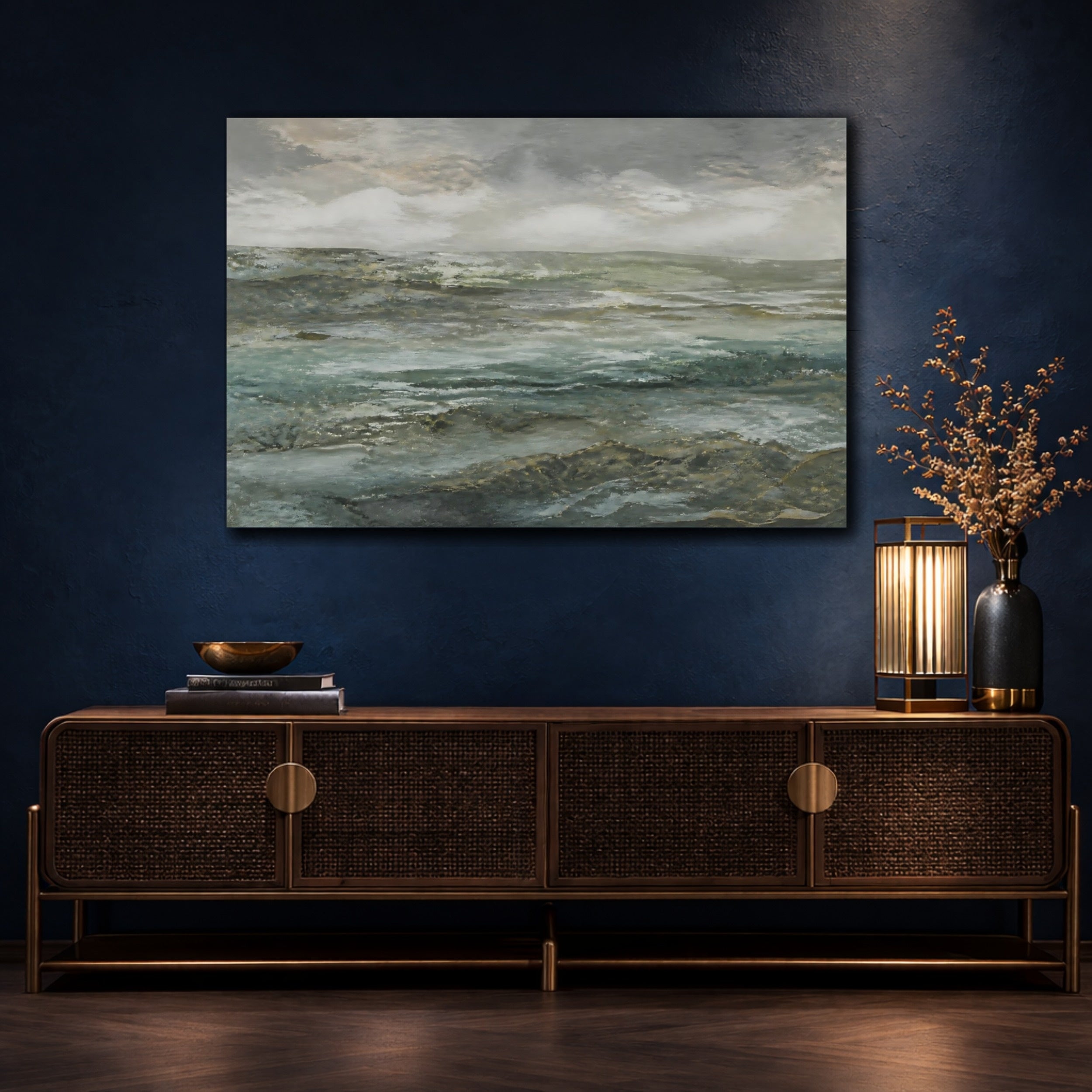 Mockup 4. Nature Seascape Grey And Teal shown as stretched canvas wall art