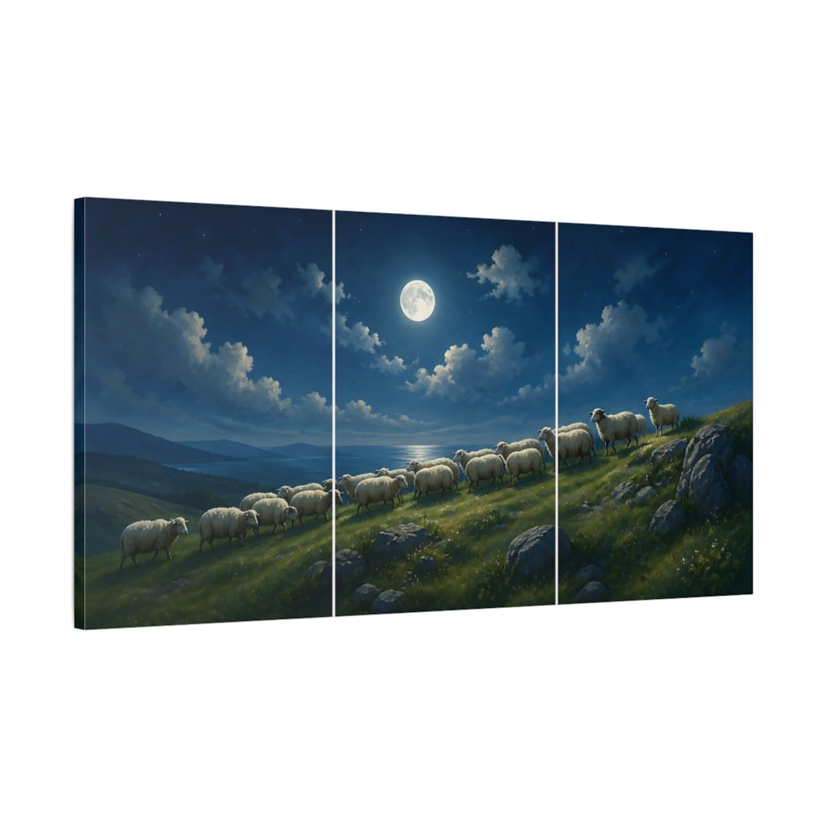 Main Mockup. Nature Sheep Blue Night shown as stretched canvas wall art
