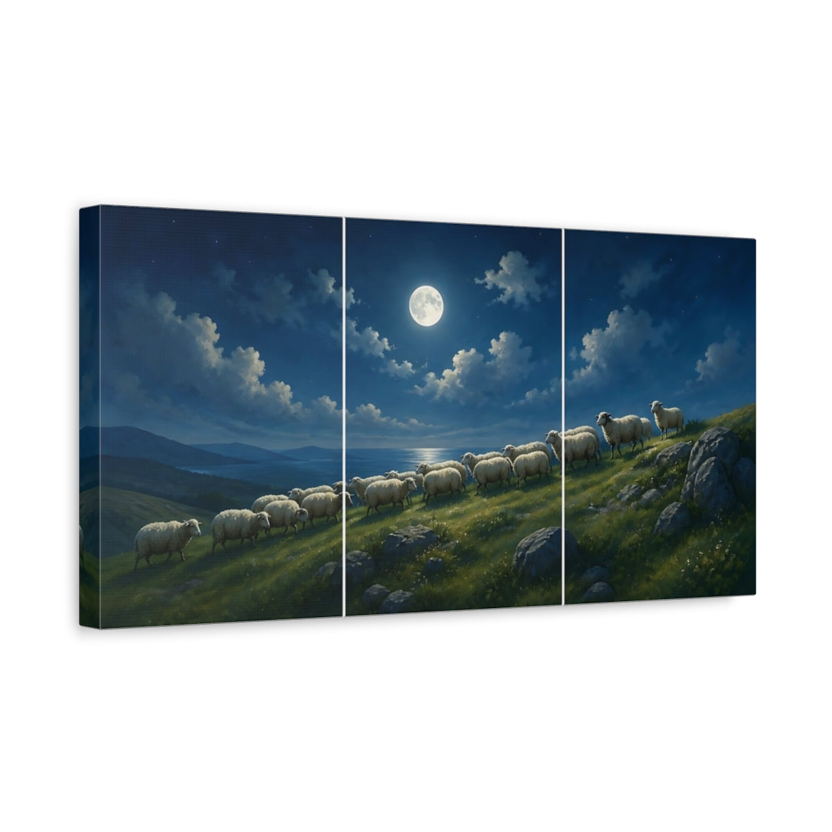 Side Mockup 3. Nature Sheep Blue Night shown as stretched canvas wall art