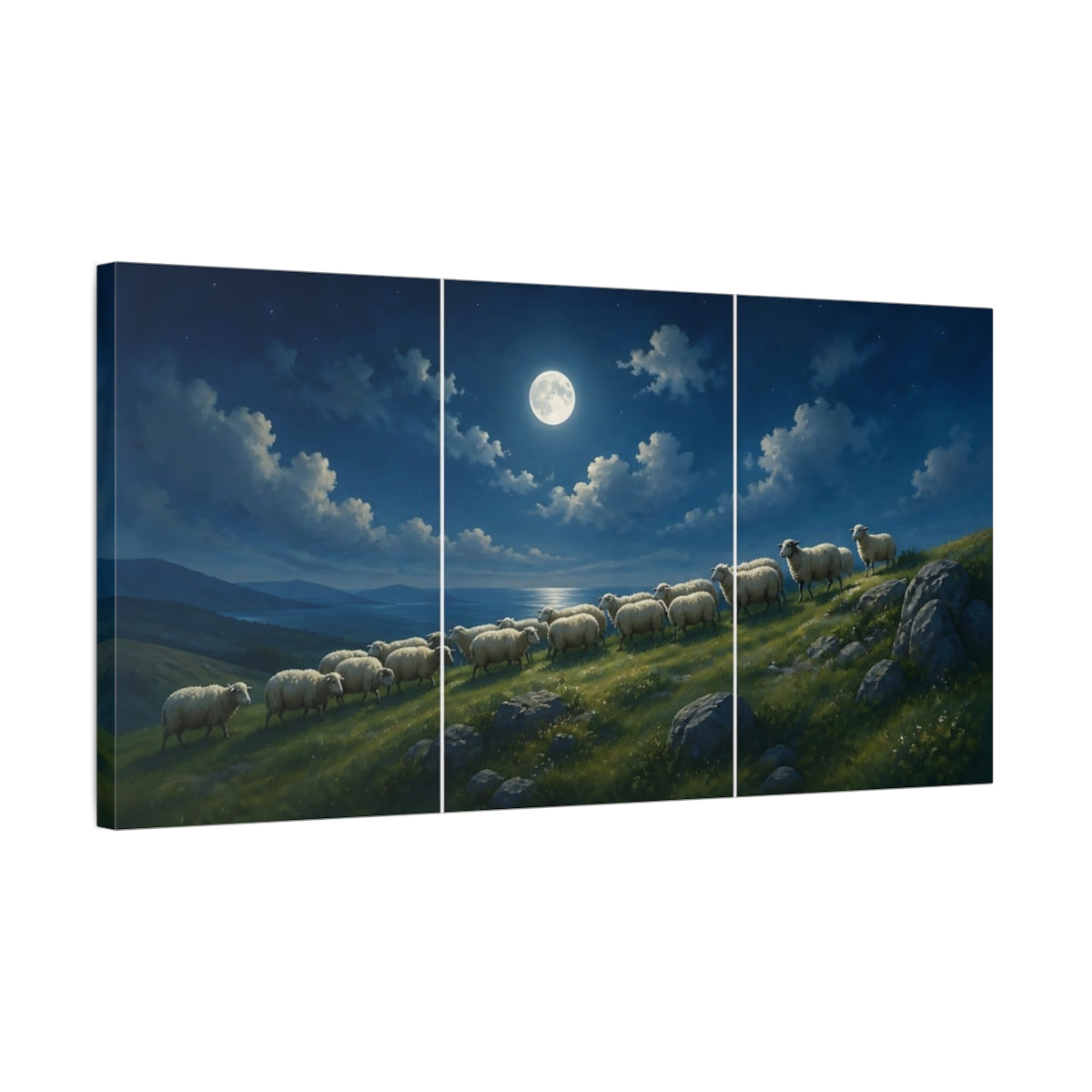 Side Mockup 1. Nature Sheep Blue Night shown as stretched canvas wall art