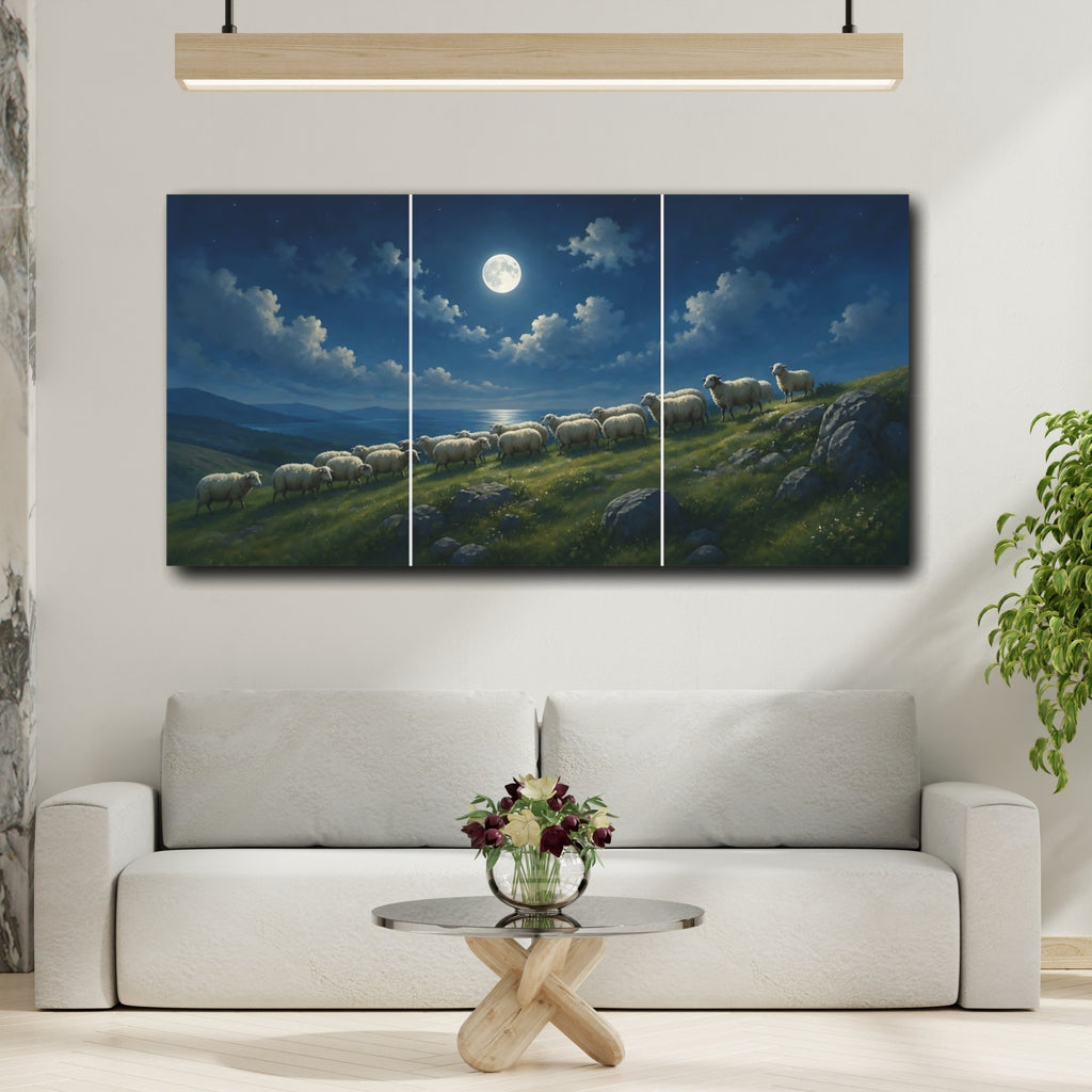 Mockup 2. Nature Sheep Blue Night shown as stretched canvas wall art
