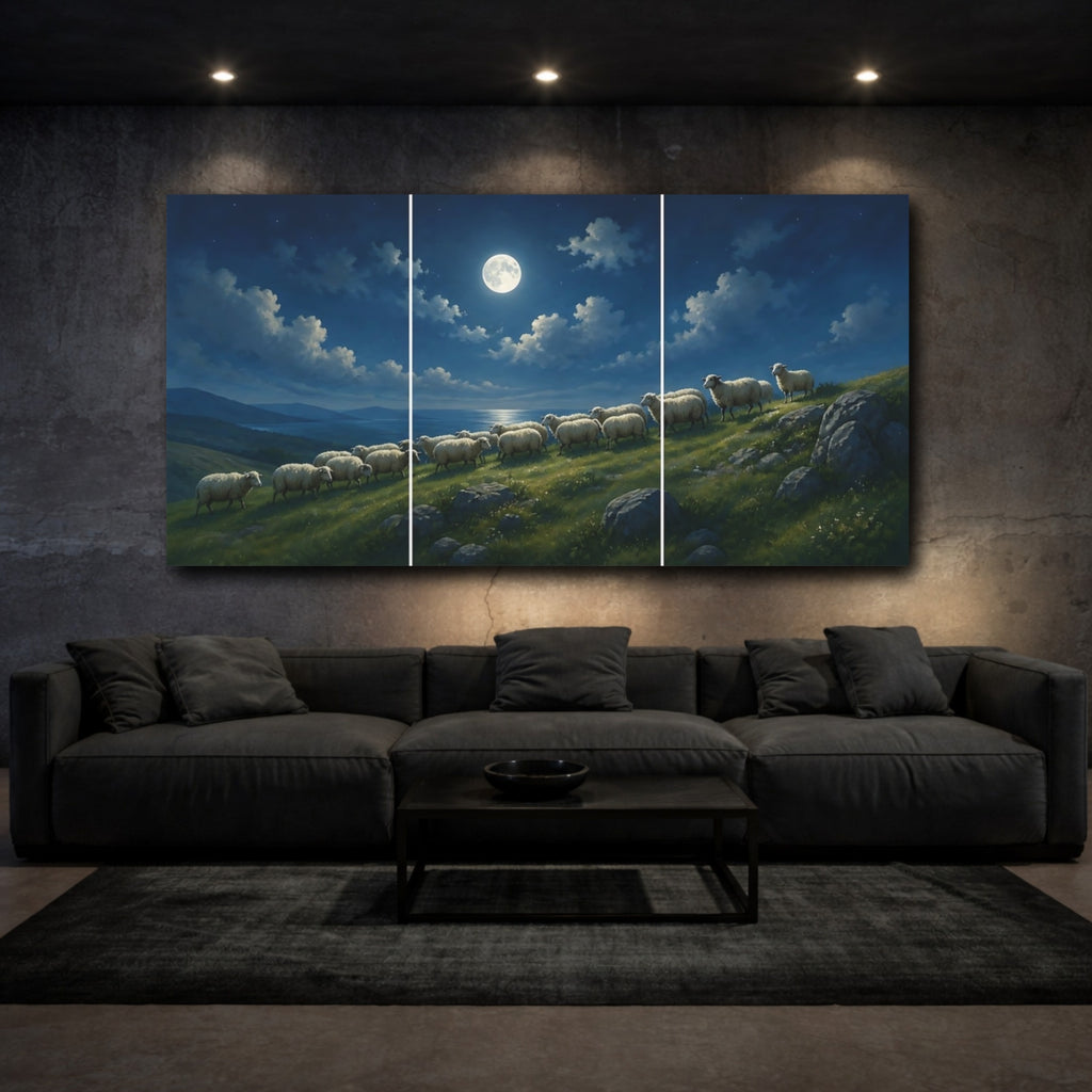 Mockup 3. Nature Sheep Blue Night shown as stretched canvas wall art