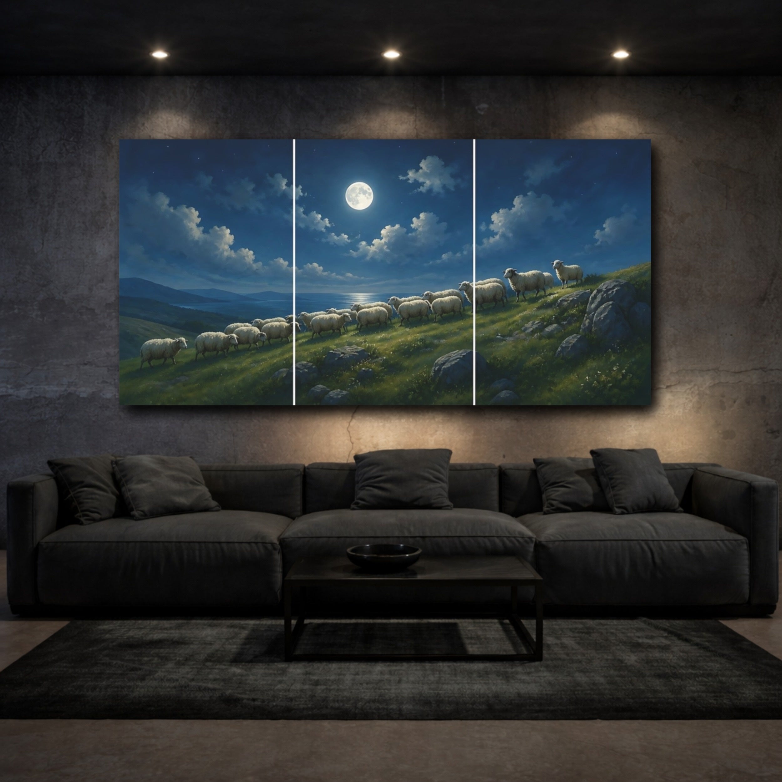 Mockup 3. Nature Sheep Blue Night shown as stretched canvas wall art