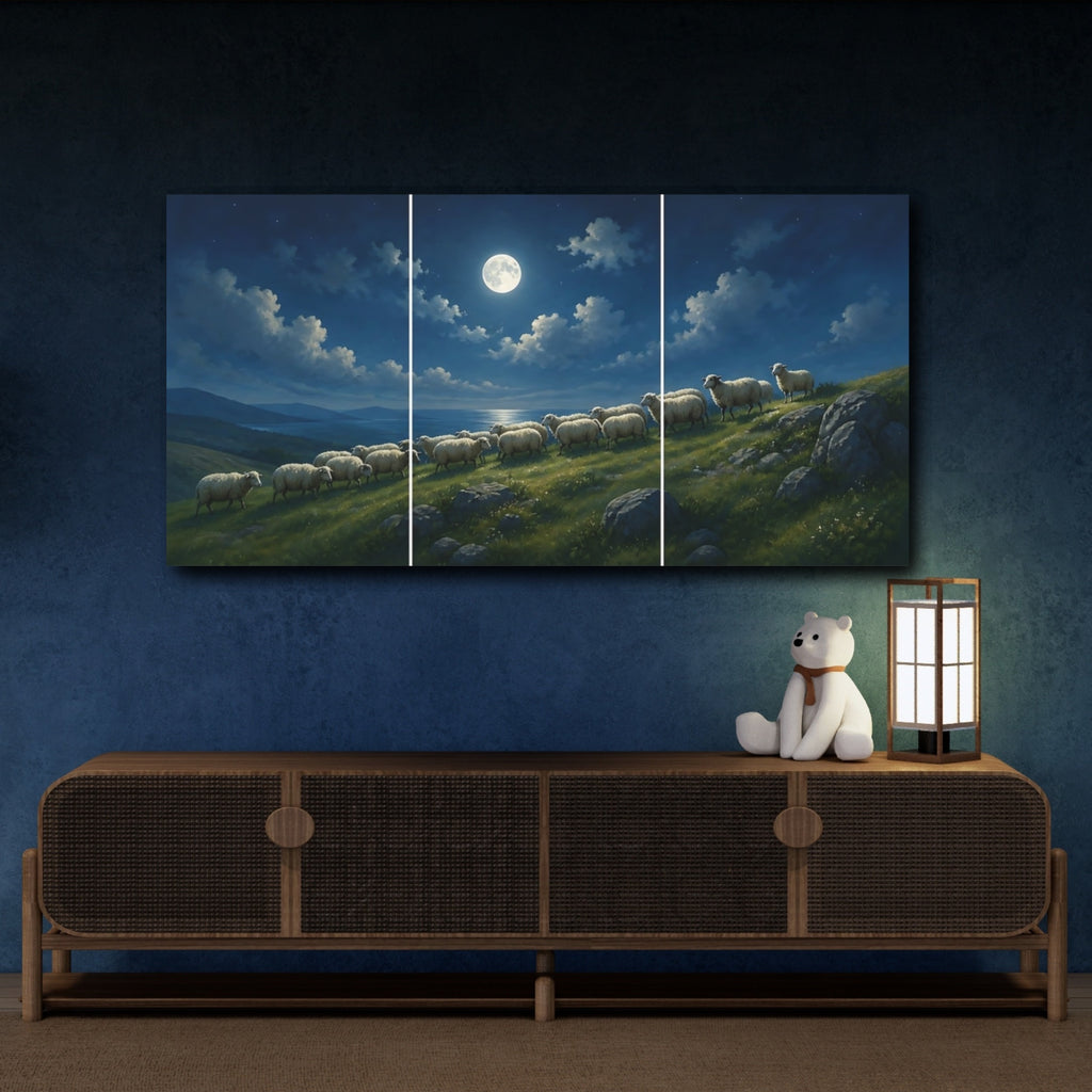 Mockup 4. Nature Sheep Blue Night shown as stretched canvas wall art
