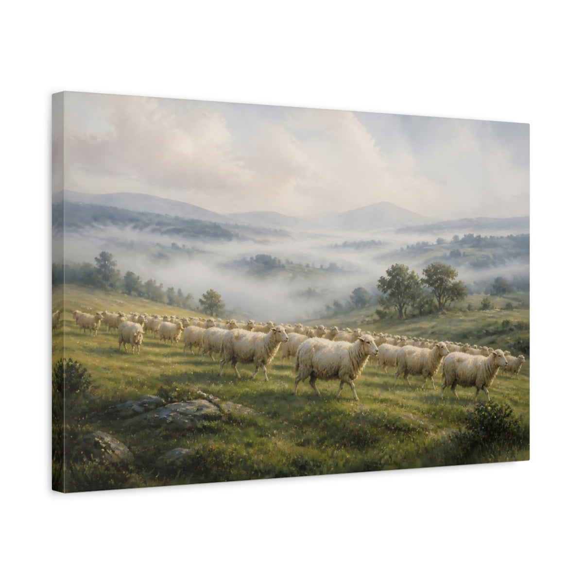 Side Mockup 3. Nature Sheep Misty Landscape shown as canvas print