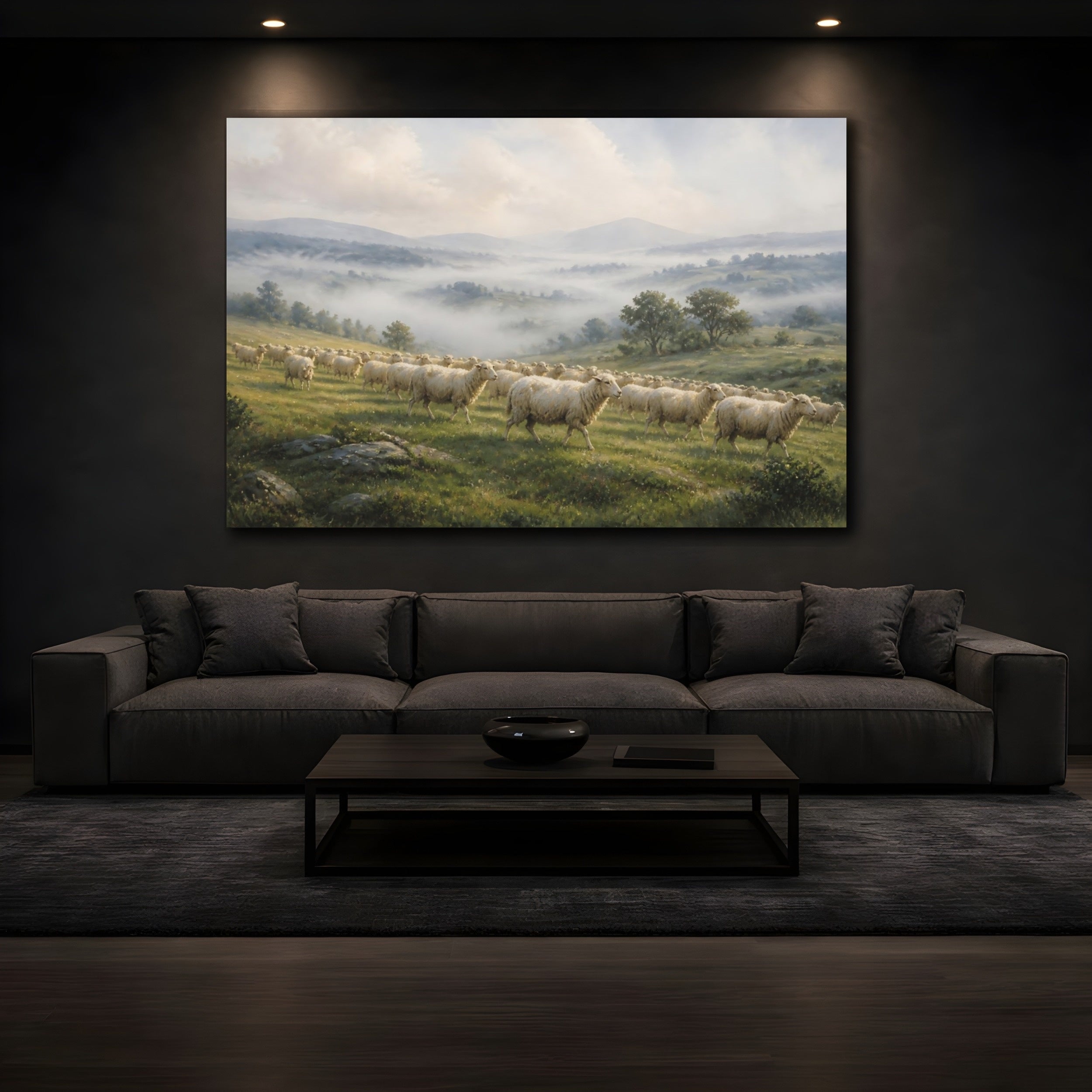Mockup 3. Nature Sheep Misty Landscape shown as canvas print