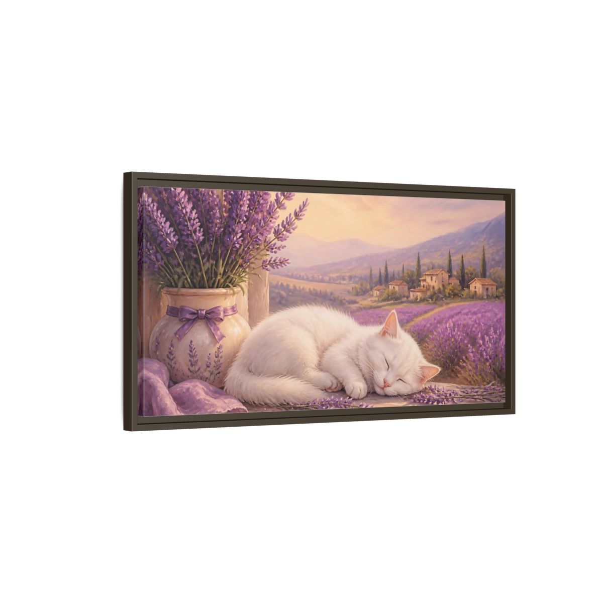 Main Mockup. Nature Sleeping Cat Purple Lavender Cat shown as stretched canvas wall art