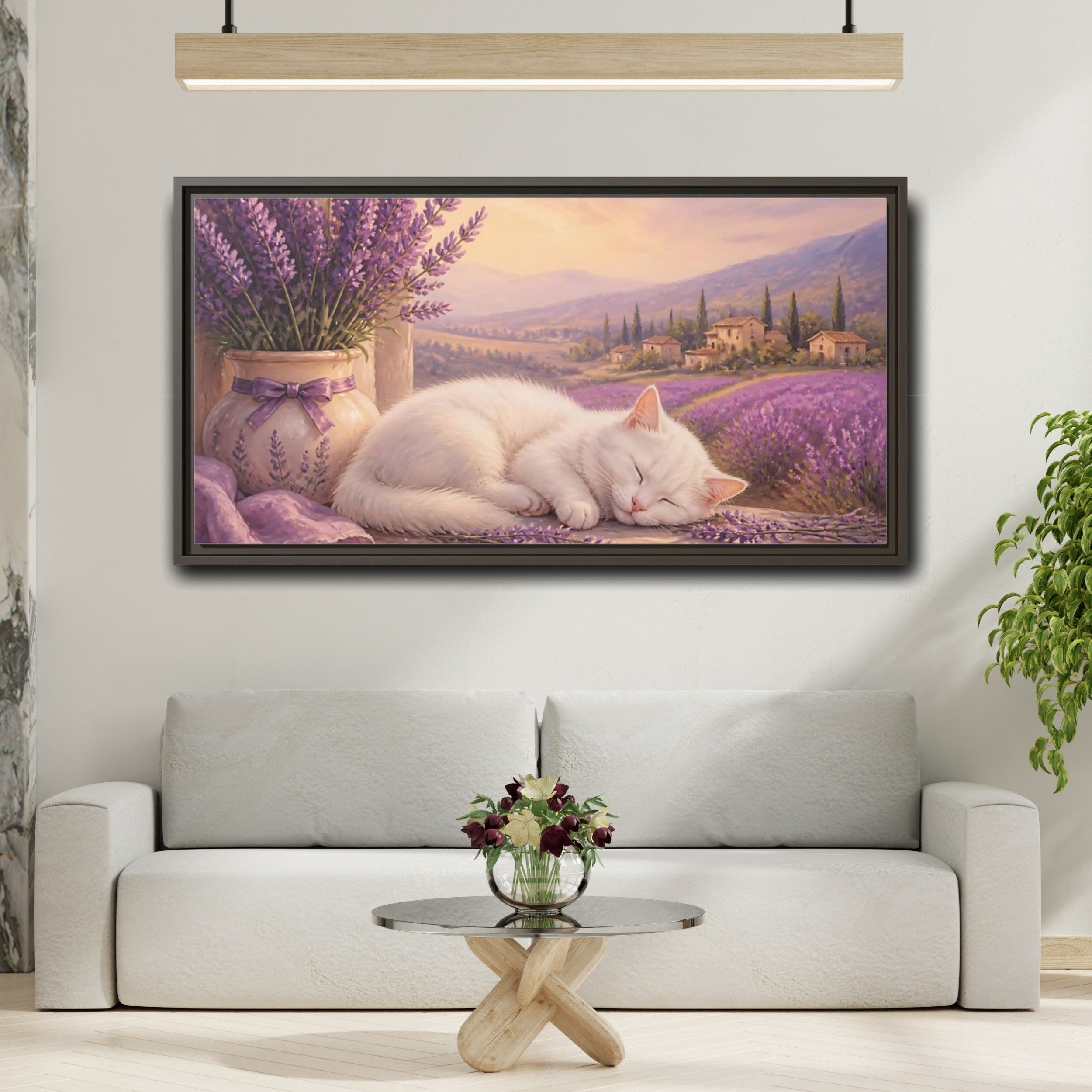 Mockup 2. Nature Sleeping Cat Purple Lavender Cat shown as stretched canvas wall art