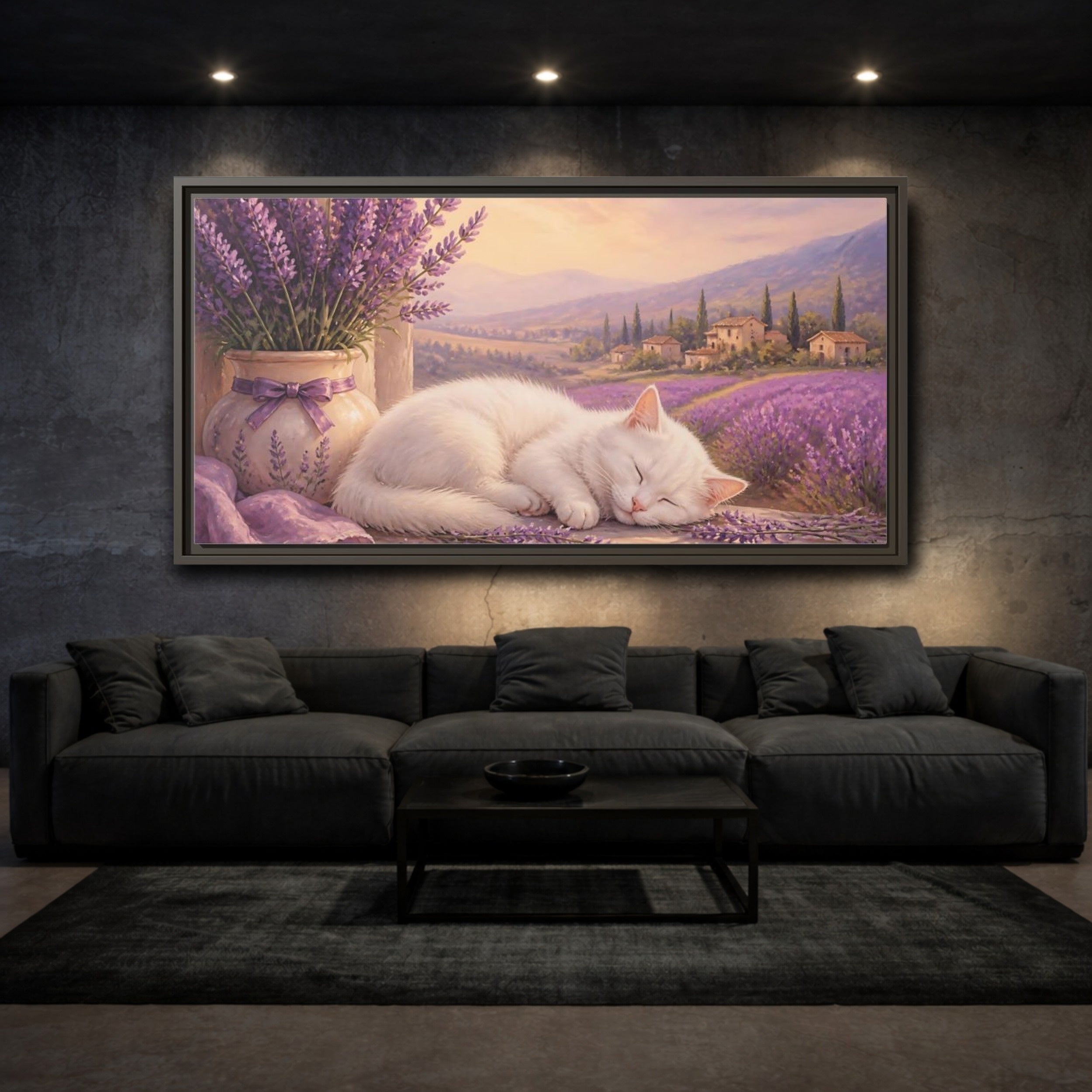 Mockup 3. Nature Sleeping Cat Purple Lavender Cat shown as stretched canvas wall art