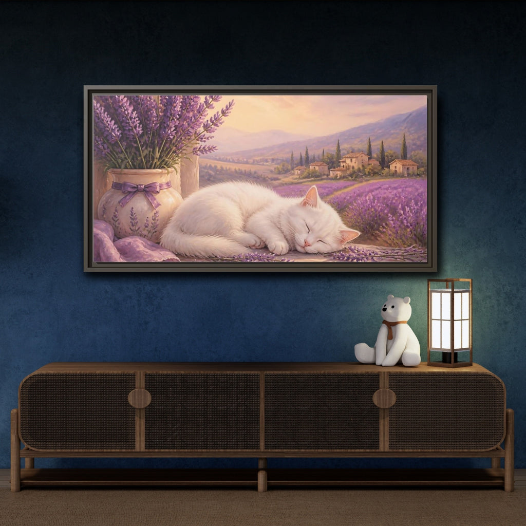Mockup 4. Nature Sleeping Cat Purple Lavender Cat shown as stretched canvas wall art