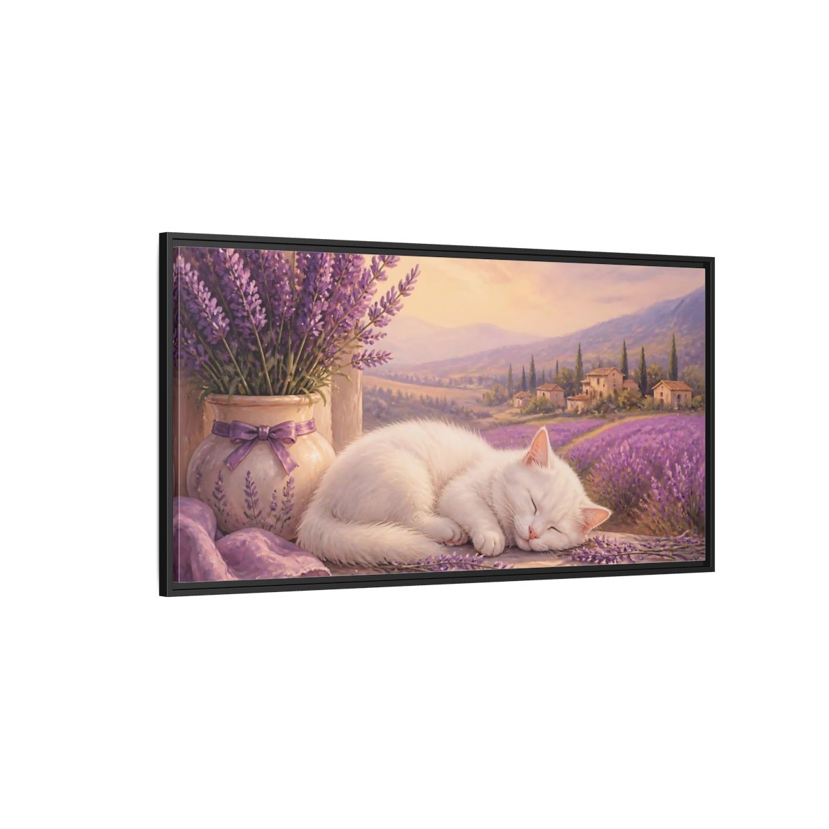 Side Mockup 5. Nature Sleeping Cat Purple Lavender Cat shown as stretched canvas wall art