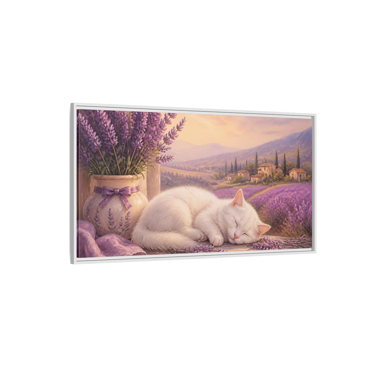 Side Mockup 3. Nature Sleeping Cat Purple Lavender Cat shown as stretched canvas wall art